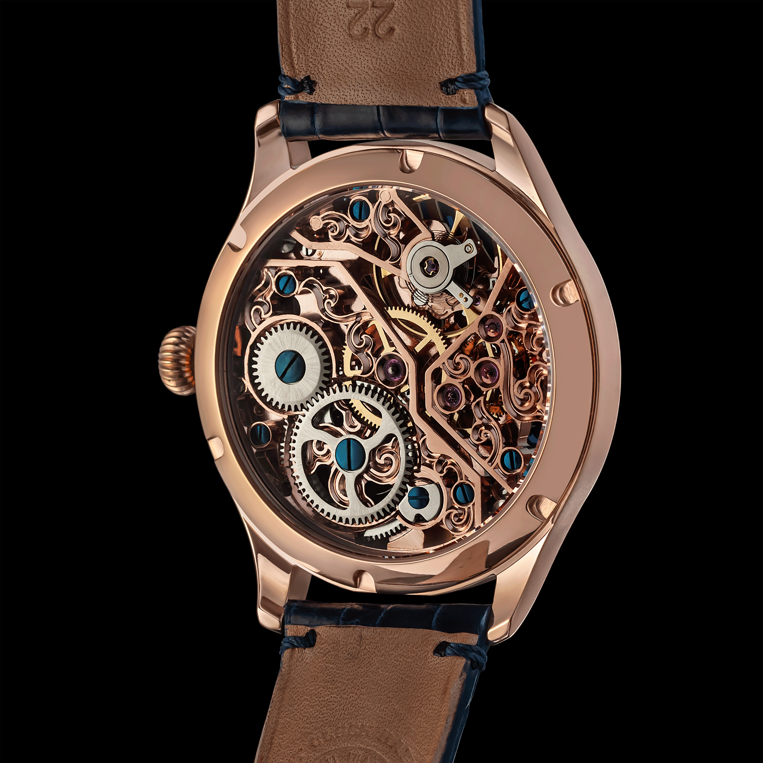 Skeleton Mechanical watch with visible gears and a dark-blue leather strap on a black background
