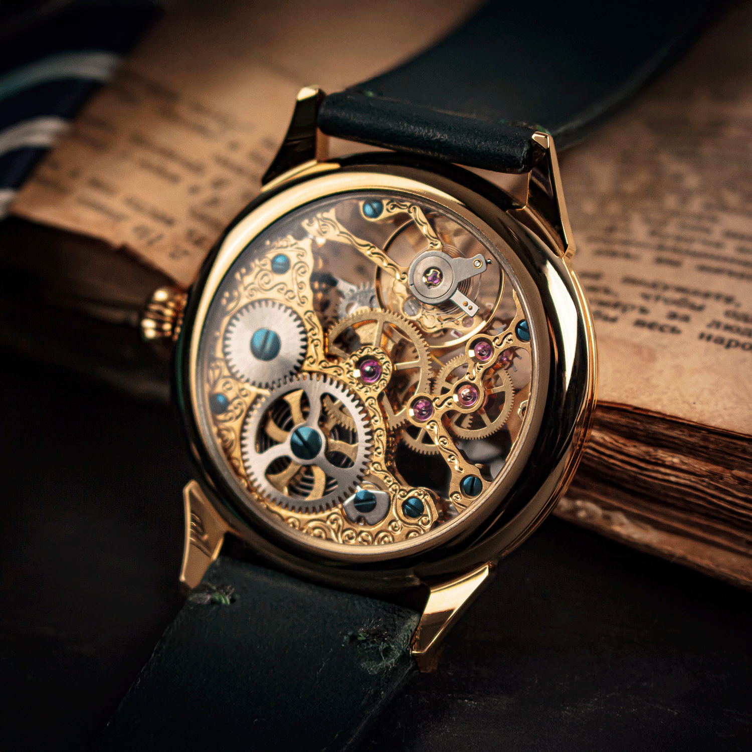 Skeleton mechanical watch with intricate details on a dark surface