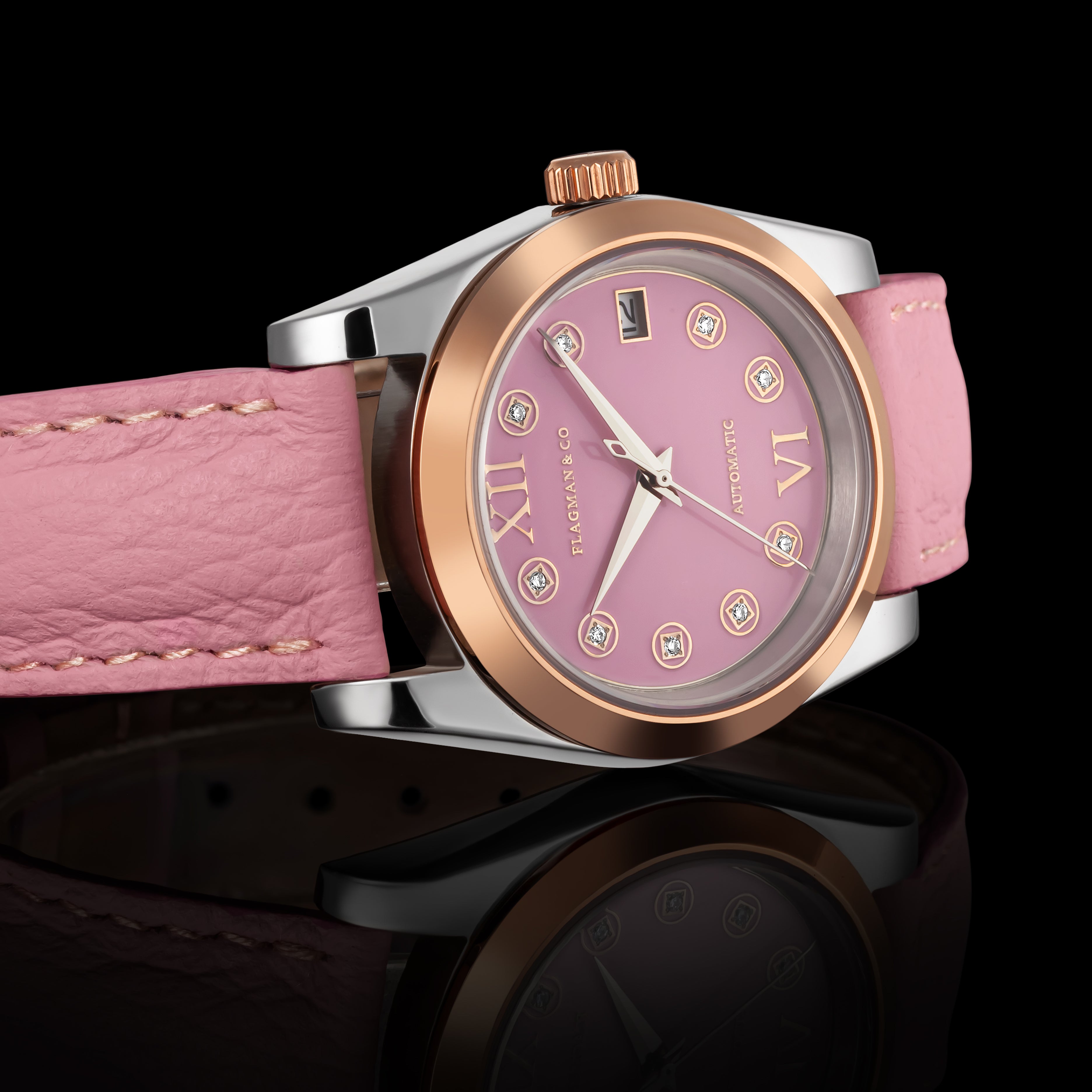 Pink Safian handmade leather strap on Automatic Mechanical Watch