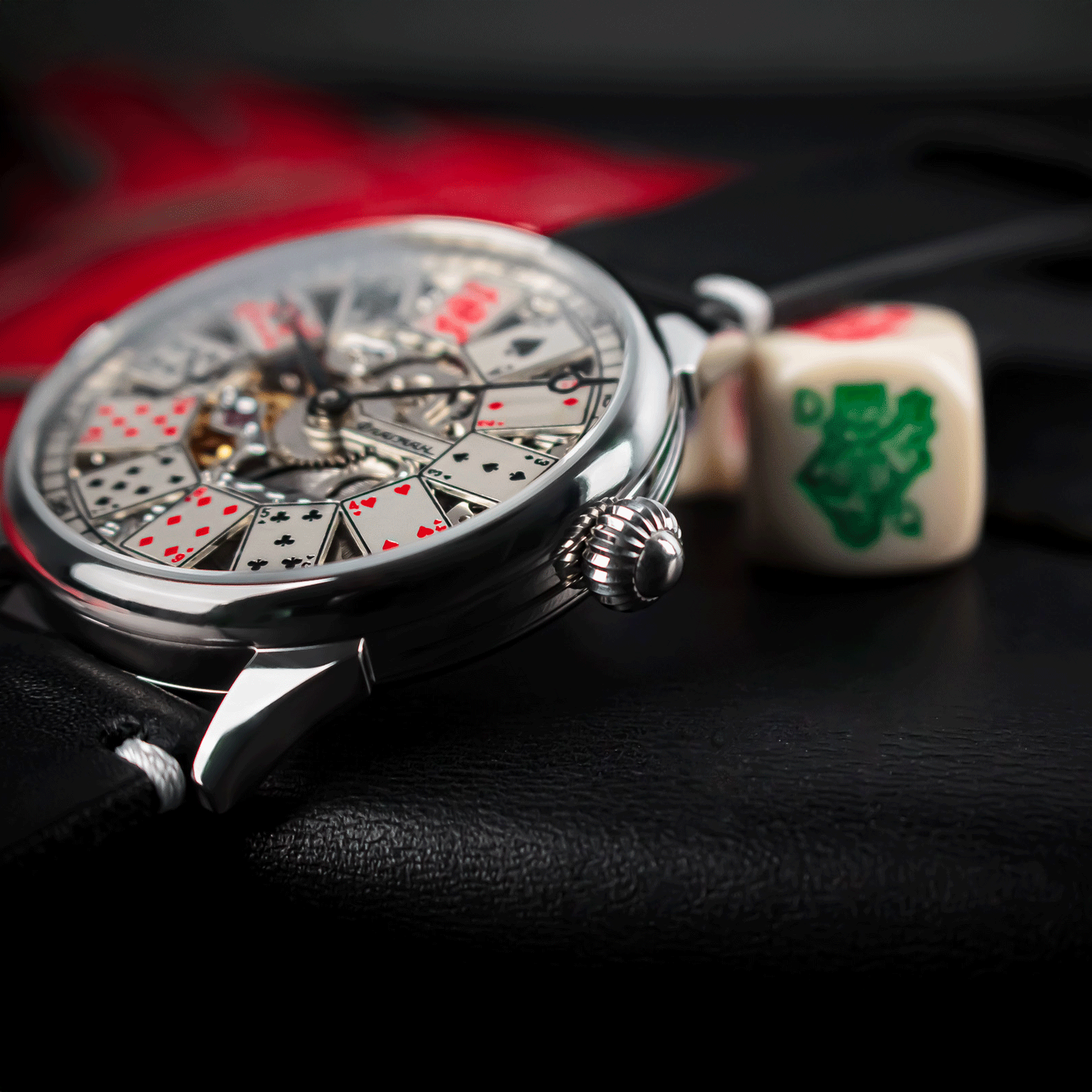 Lifestyle photo of poker watch in casino-inspired setting – mechanical skeleton design