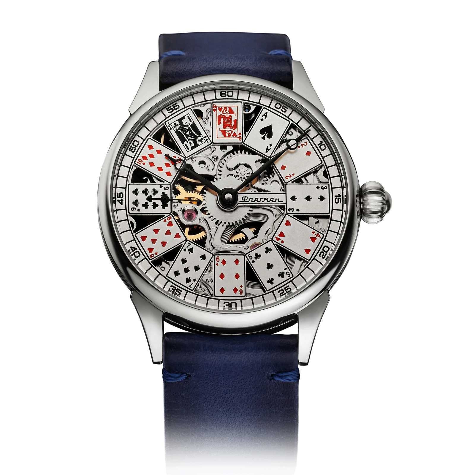 Blue Leather Strap on Card Table 1.0 Skeleton Watch #color_blue