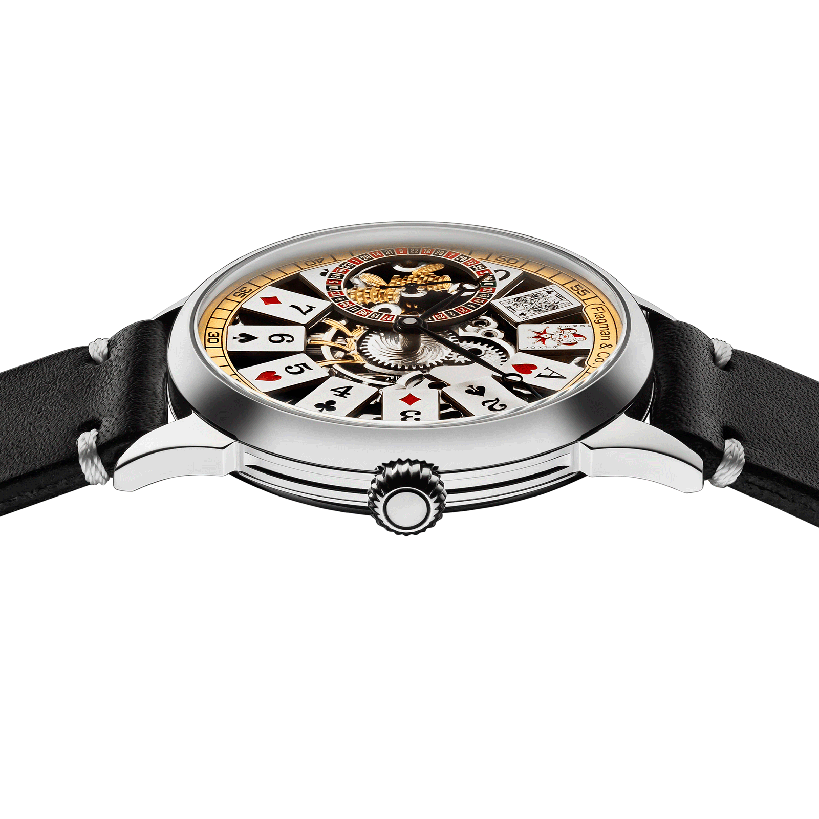 Close-up of skeleton poker watch with side crown and detailed case finish