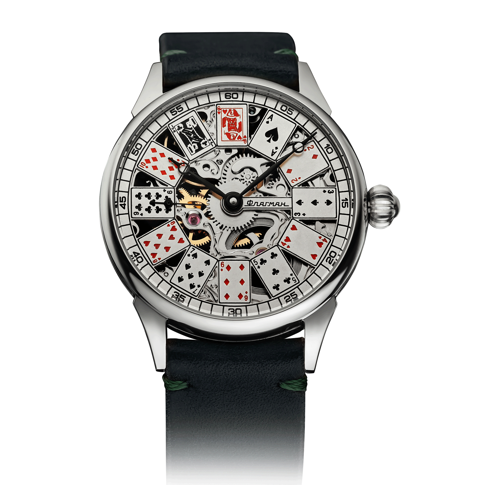 Card Table 1.0 with Green Leather Strap – Skeleton Watch #color_green