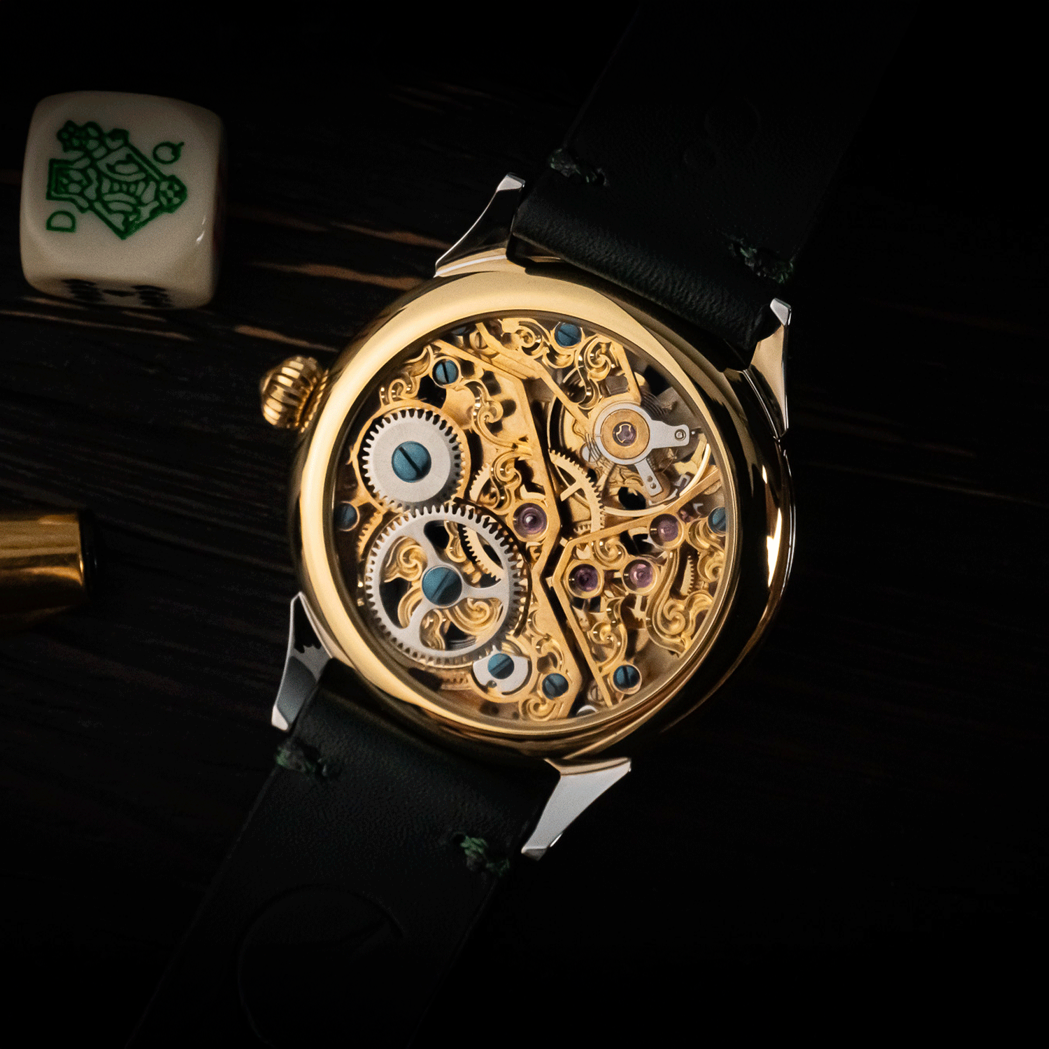 Rear view of Emerald Royale showing skeleton caseback and manual winding movement