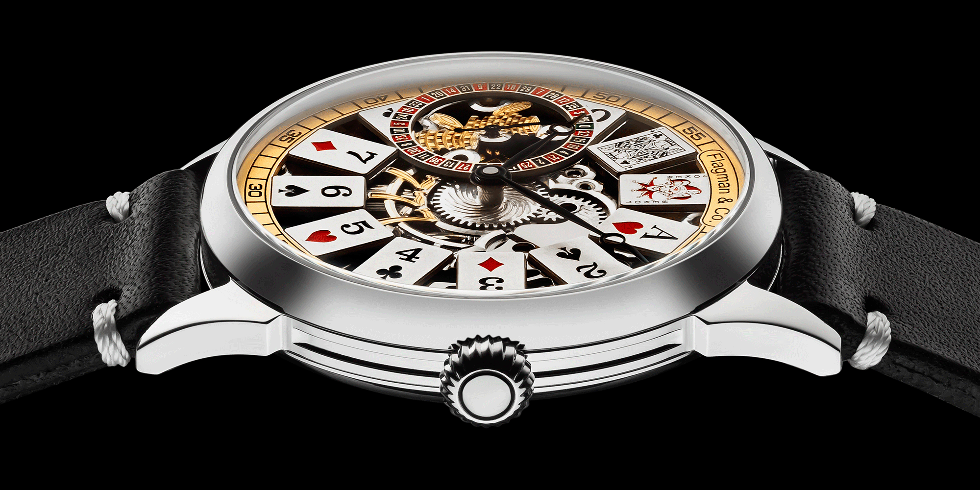 Close-up of poker-themed skeleton watch crown – worn on wrist, handcrafted detail