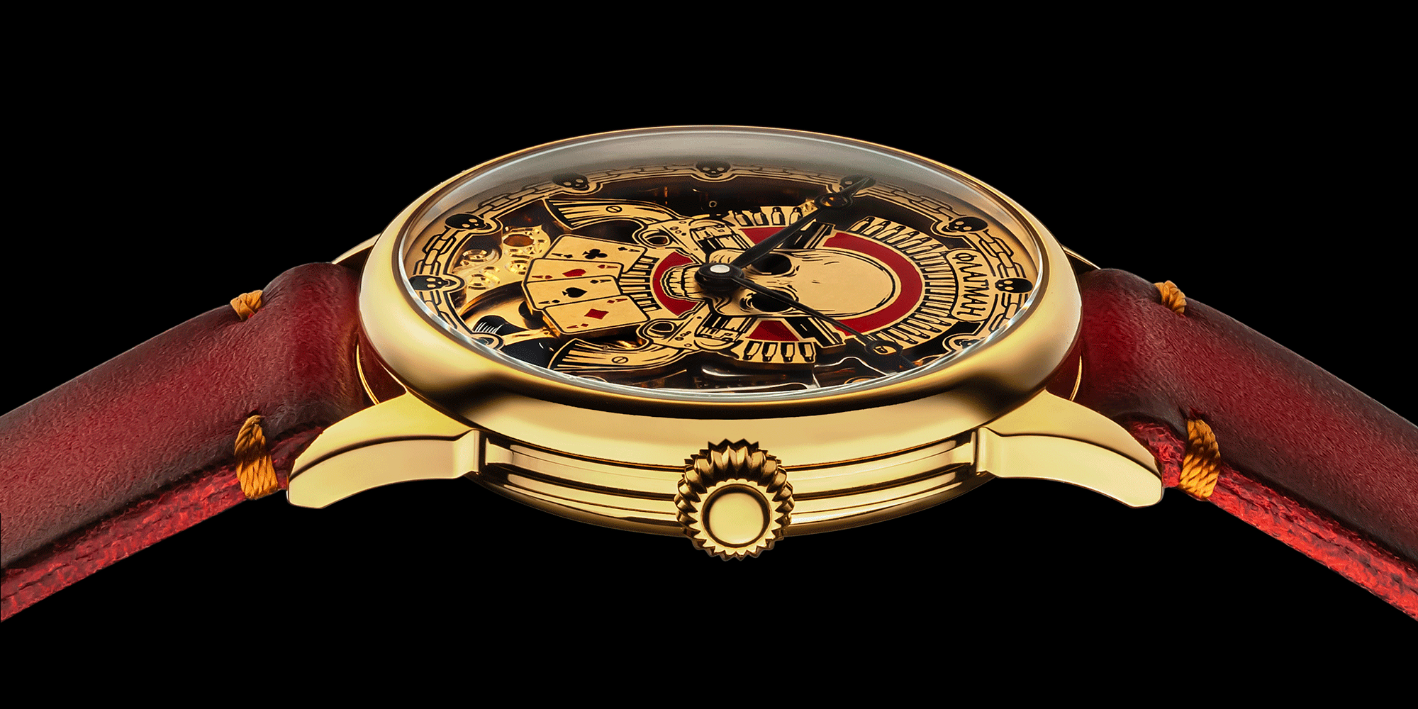 Front view detail of Royal Gears poker skeleton watch
