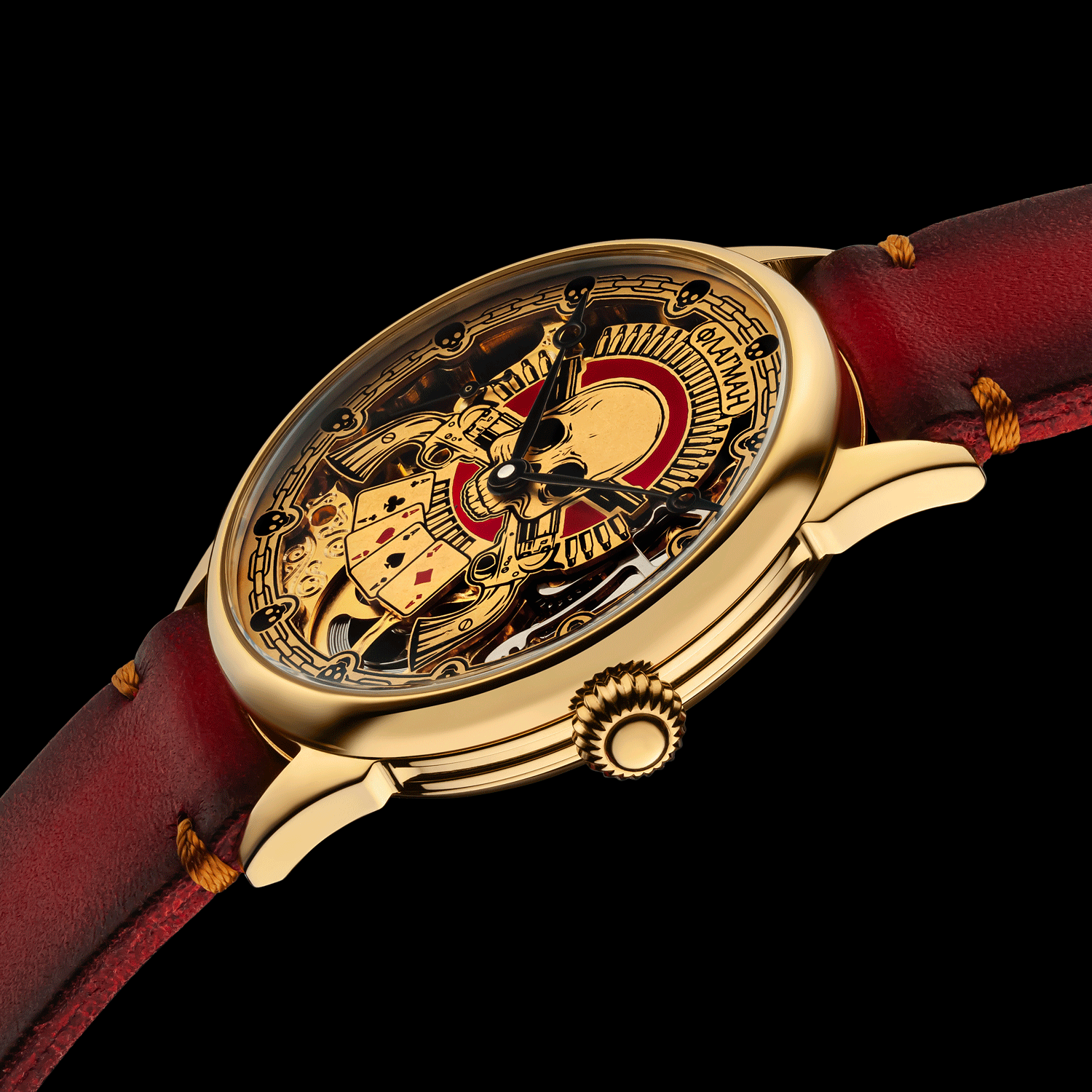 Close-up of casino-themed skeleton mechanical watch crown – worn on wrist, handcrafted detail visible