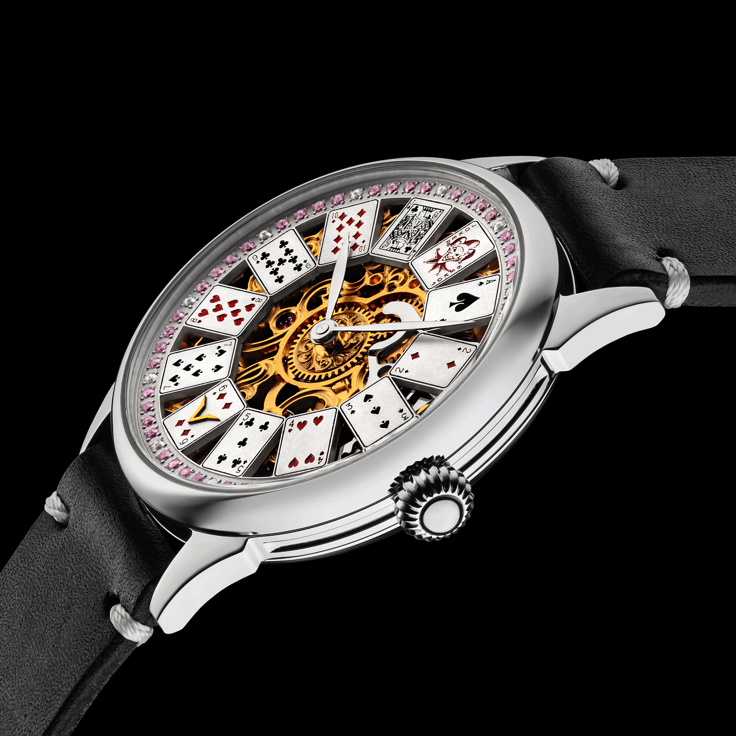 Front view detail of Rose Royale handmade skeleton watch