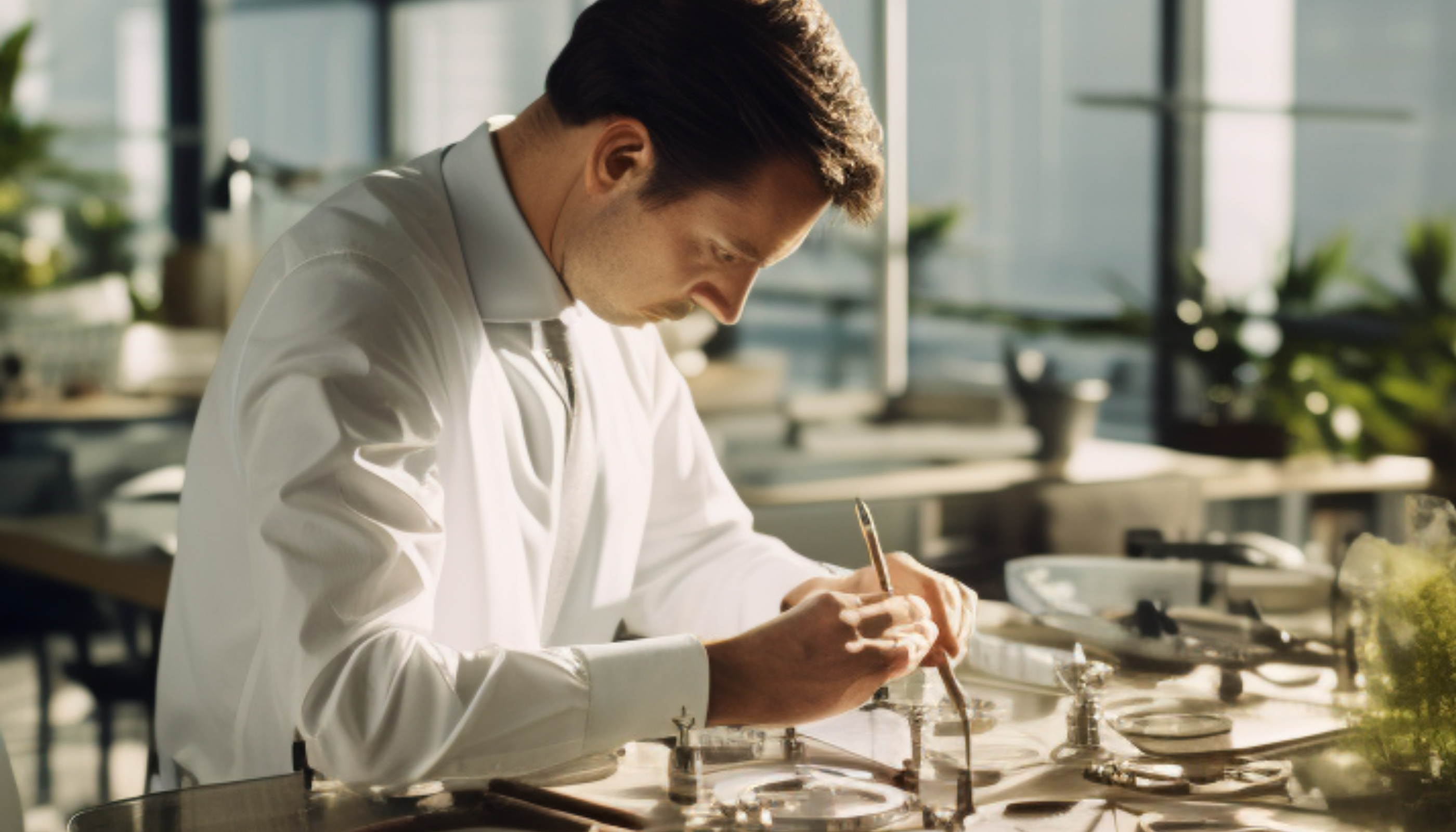 Master watchmaker inspecting a handmade skeleton watch before packaging