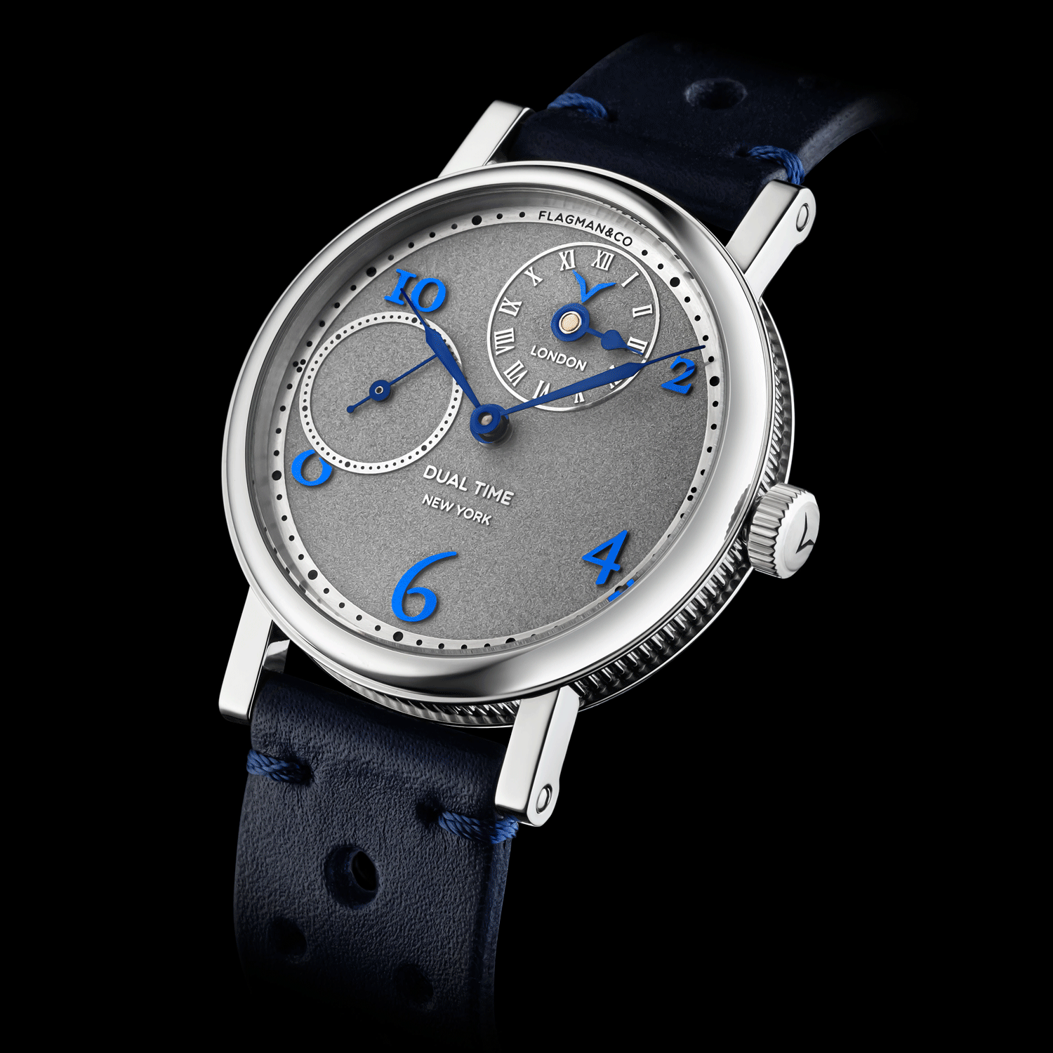 Front view detail of Regulator Blue handmade watch