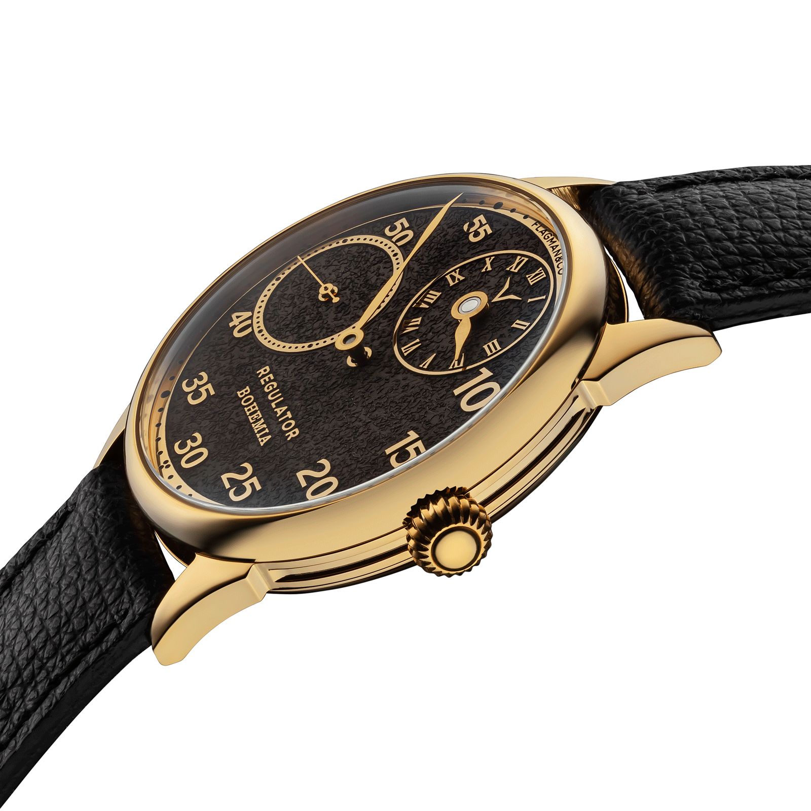 Close-up view of Mechanical watch Regulator Bohemia with side crown and detailed case finish