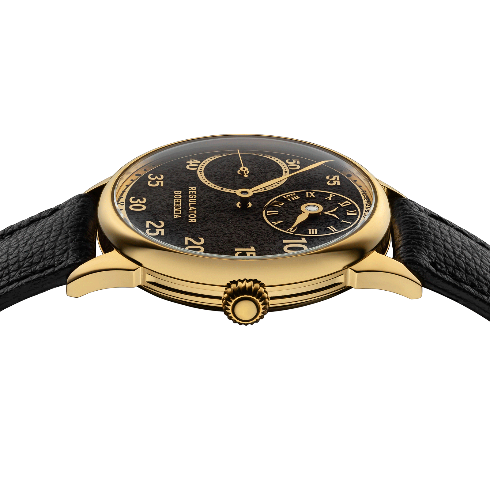 Close-up view of Mechanical Classic watch Regulator Bohemia with side crown and detailed case finish