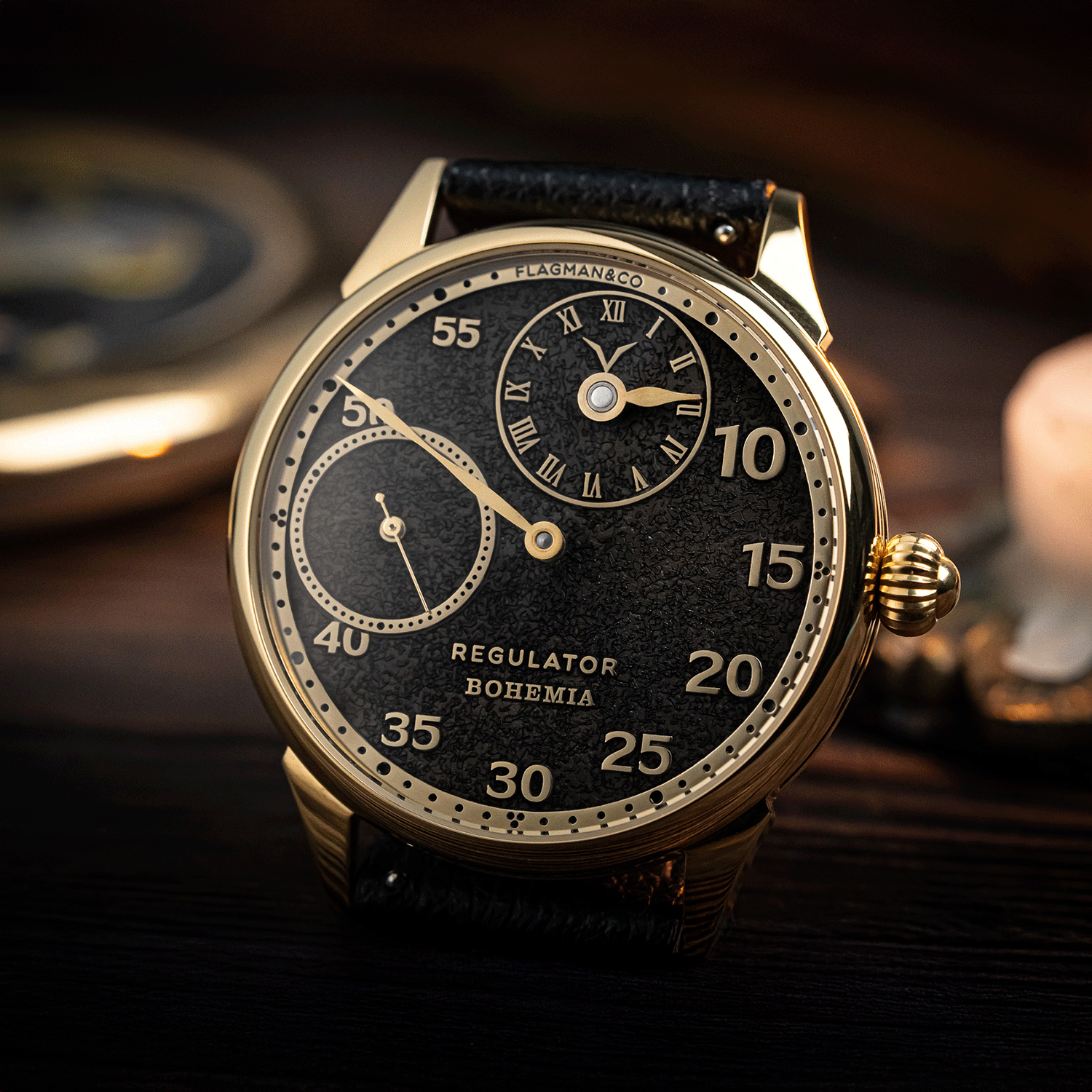 Lifestyle photo of Handmade watch Regulator Bohemia with detailed dial and case finish