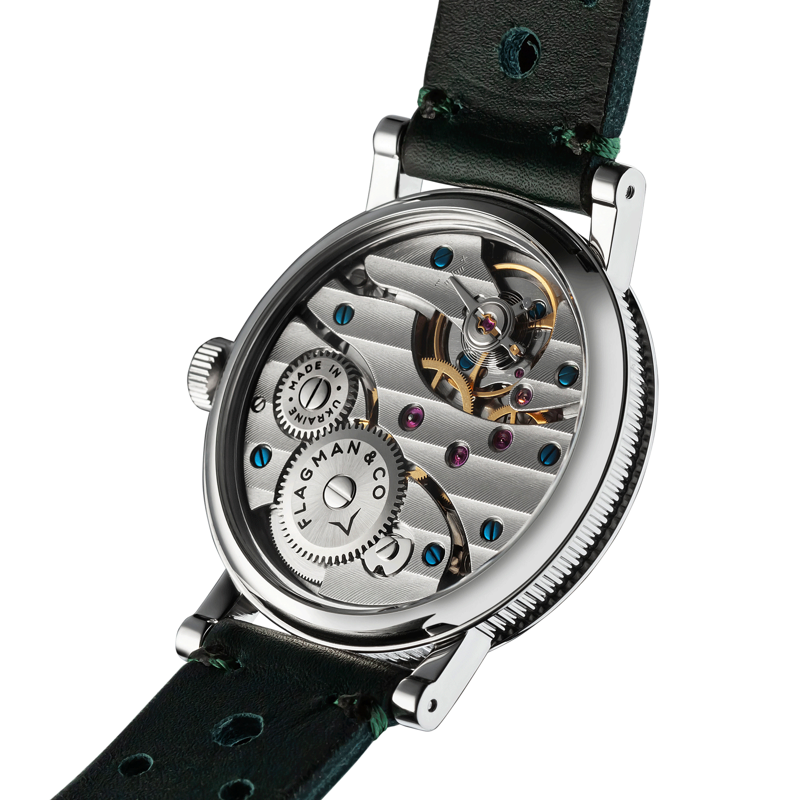 Back view of Regulator Green Mechanical watch – exposed movement