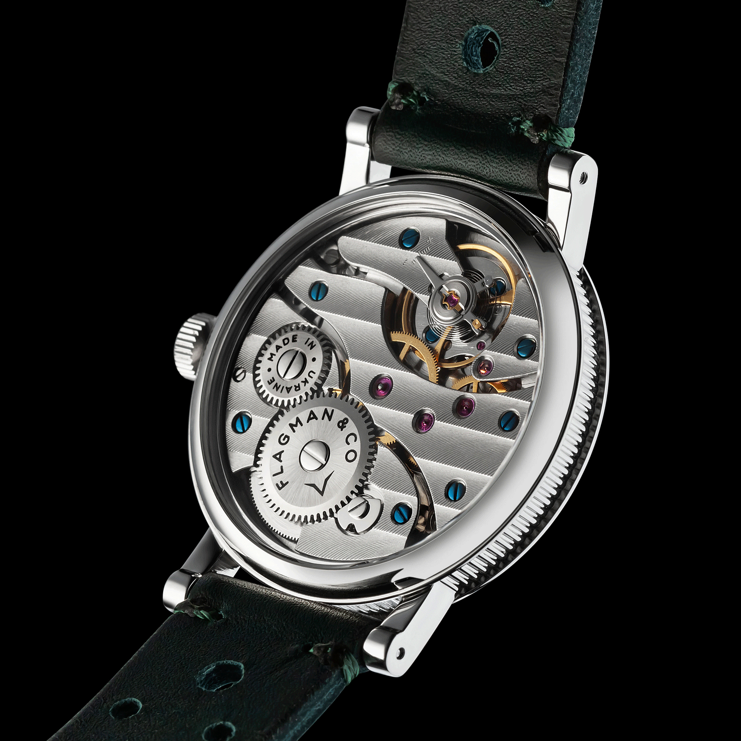 Rear view of Mens watch Regulator Green showing open caseback and movement