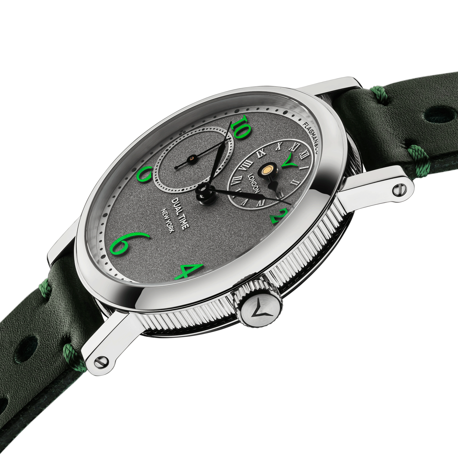 Close-up view of Handmade watch Regulator Green, with side crown and detailed case finish