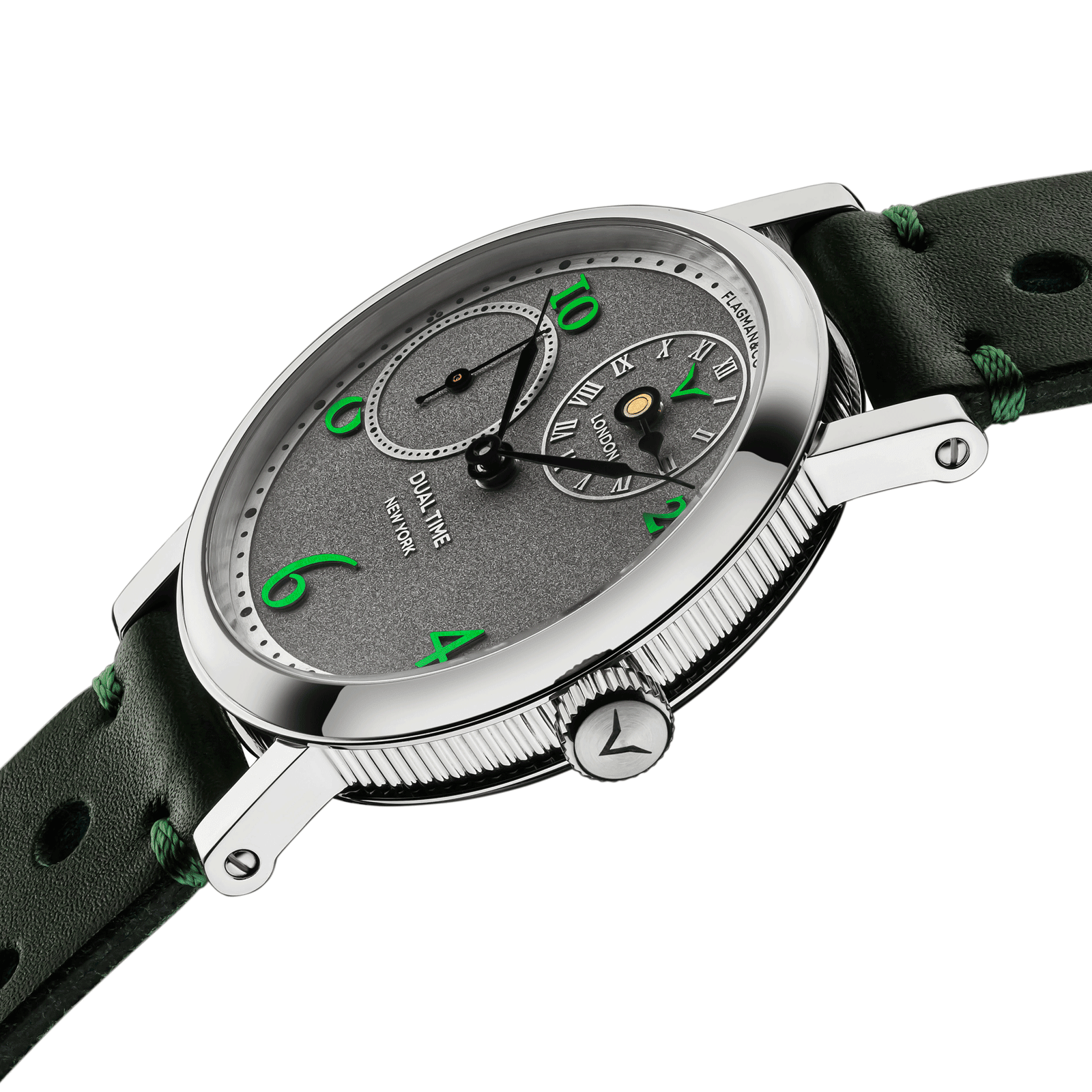 Close-up view of Handmade watch Regulator Green, with side crown and detailed case finish