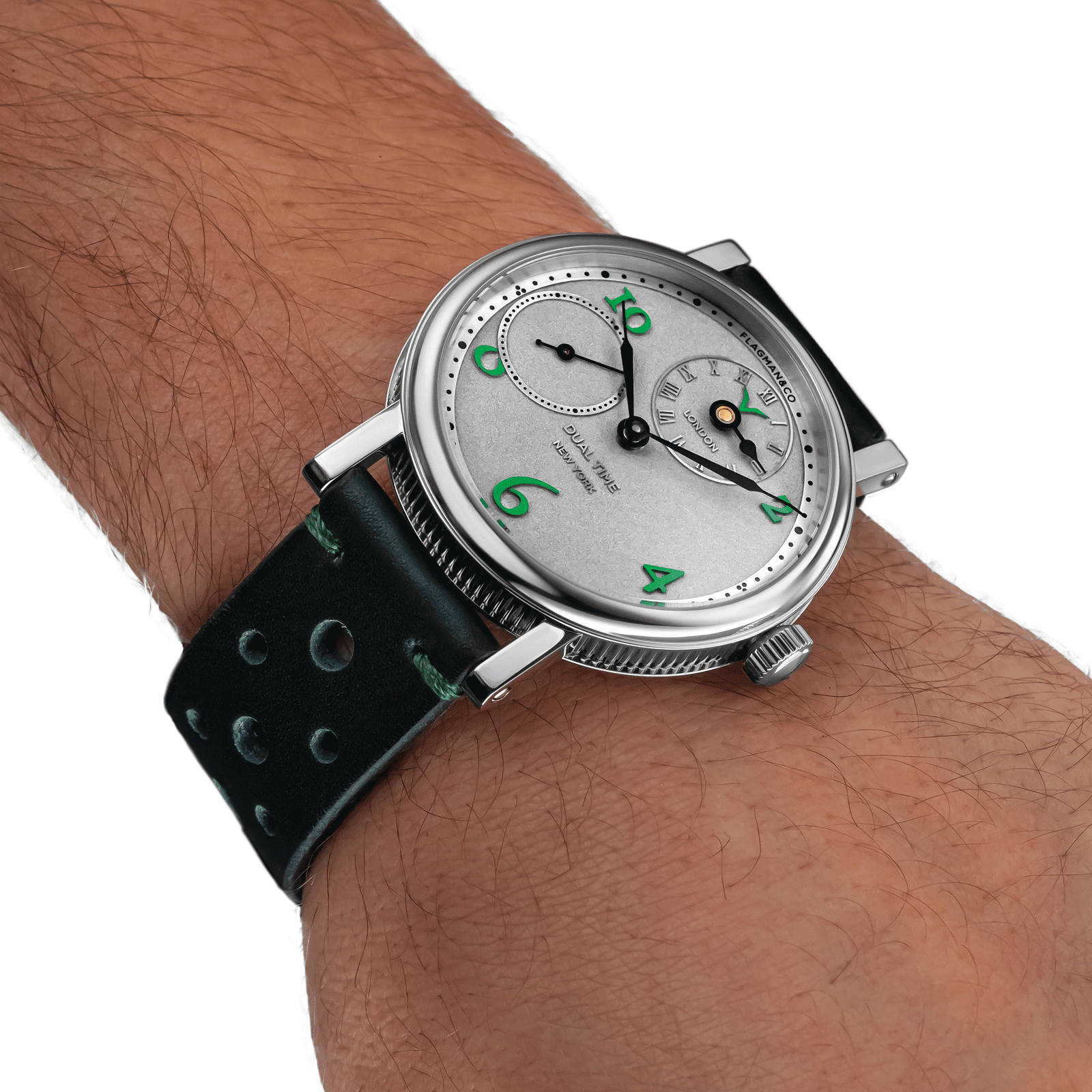 Mechanical watch Regulator Green on mens wrist