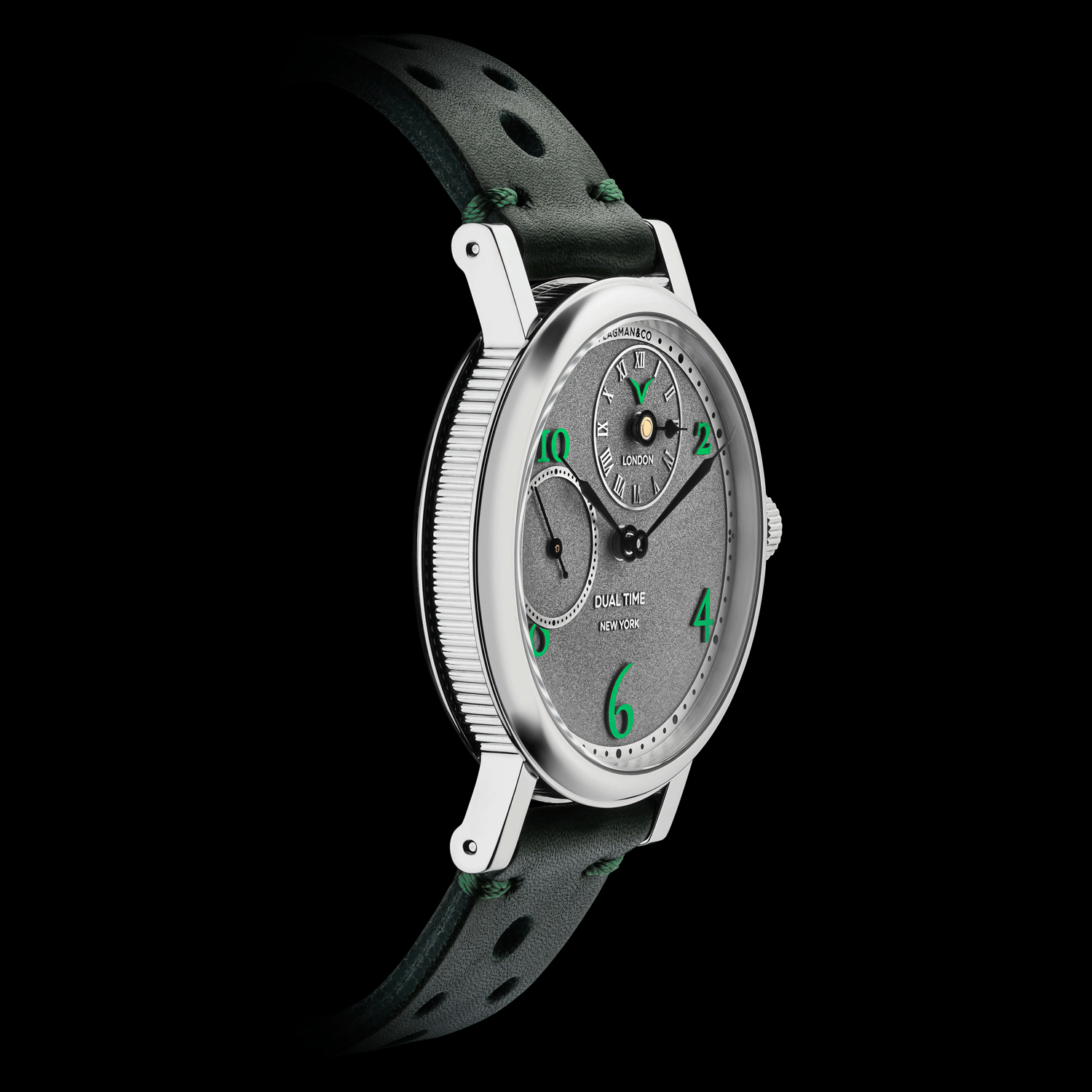 Side view of Regulator Green handmade watch with detailed case finish