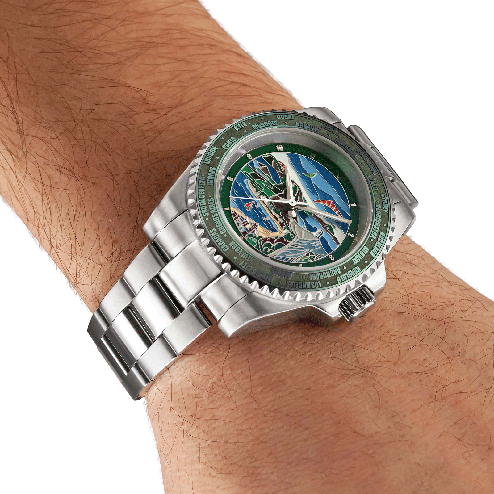 Silver watch with a detailed face on a wrist against a white background