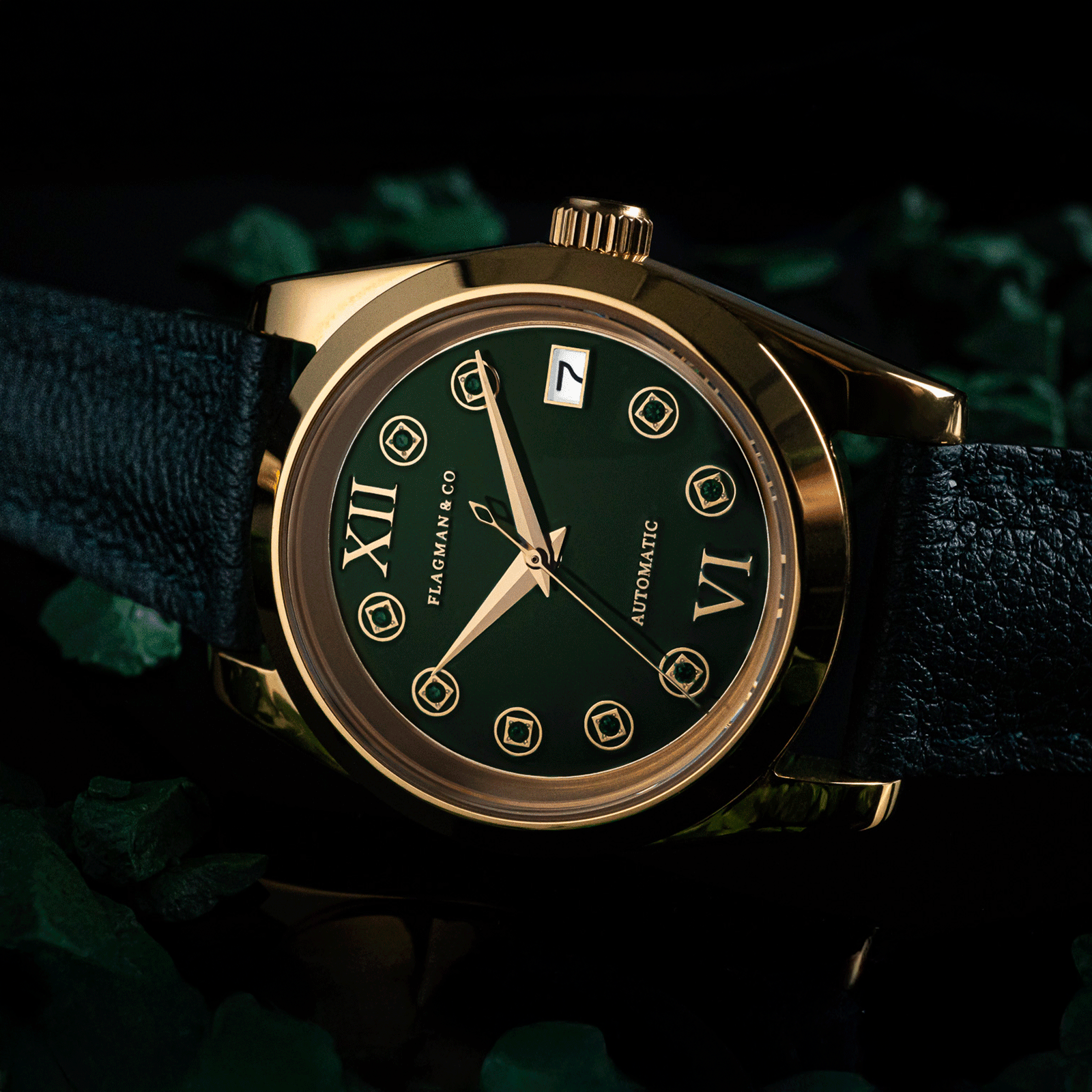 Green Safian handmade leather strap on Automatic Mechanical Watch