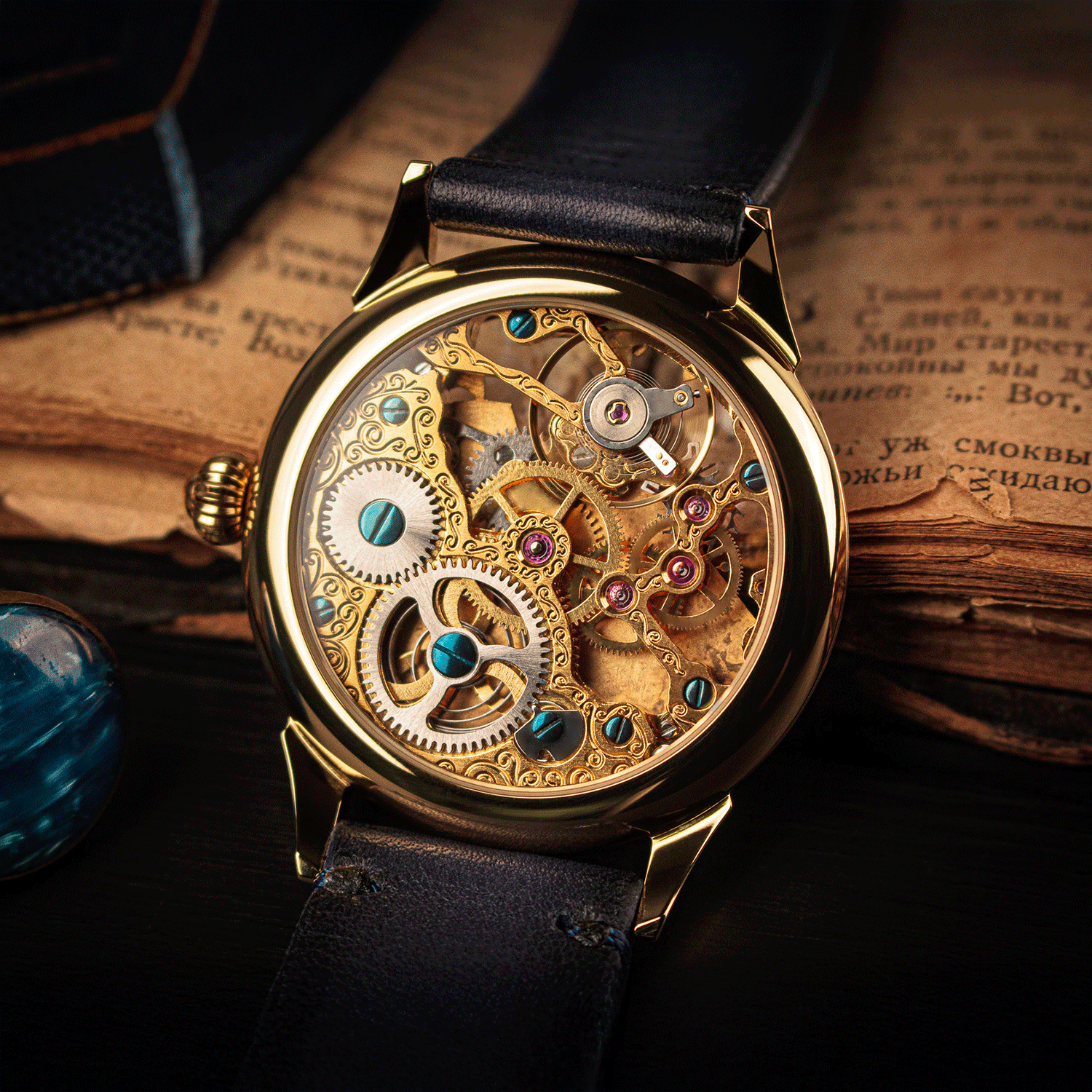 Rear view of Masterpiece showing skeleton caseback and manual winding movement