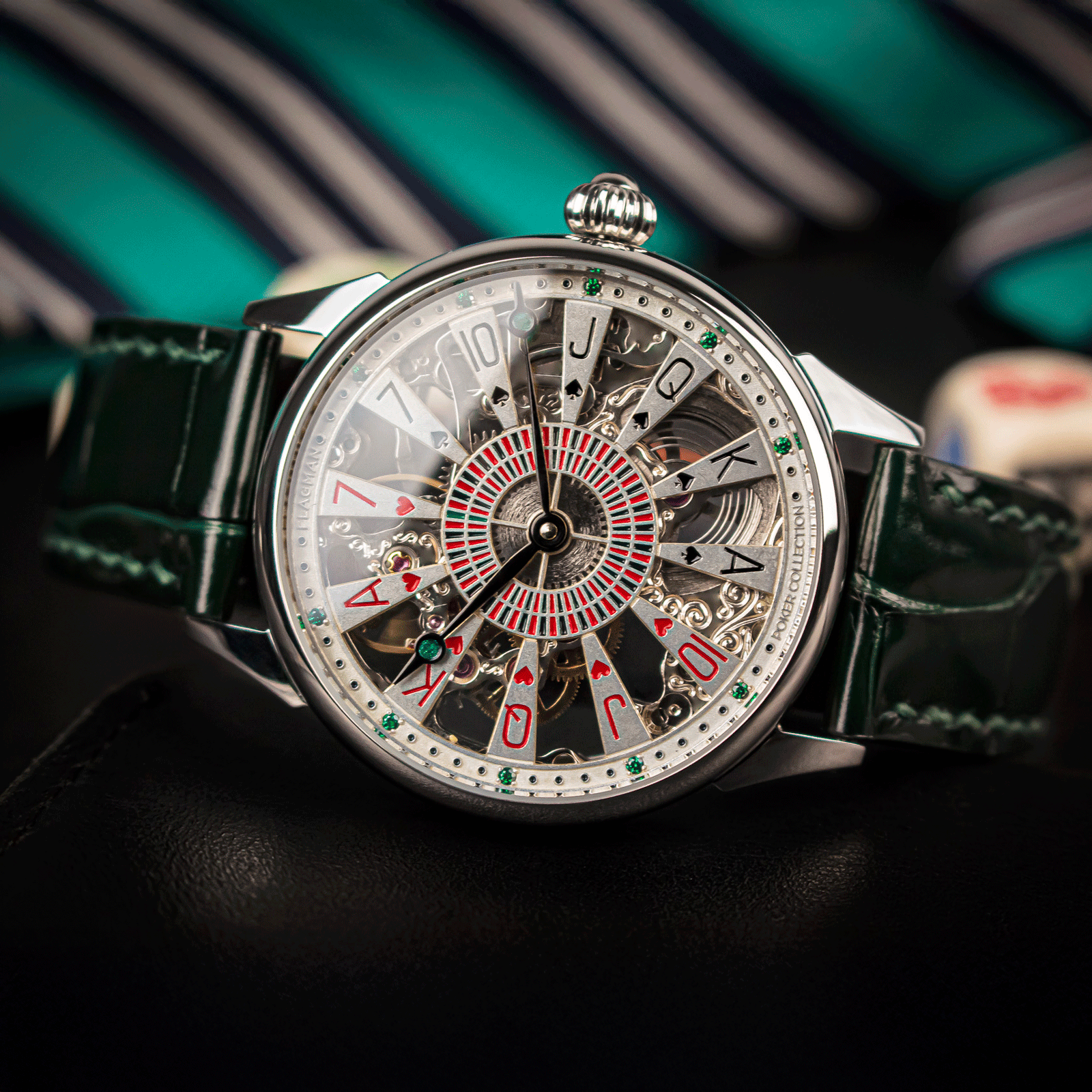 Lifestyle photo of Card Aethetics watch in casino-inspired setting – skeleton watch