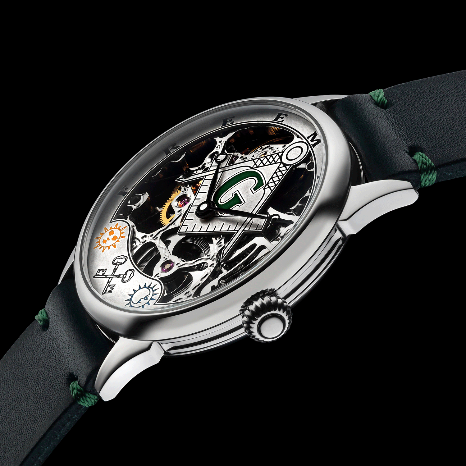 Skeleton Masonic watch with intricate mechanical design on a black background