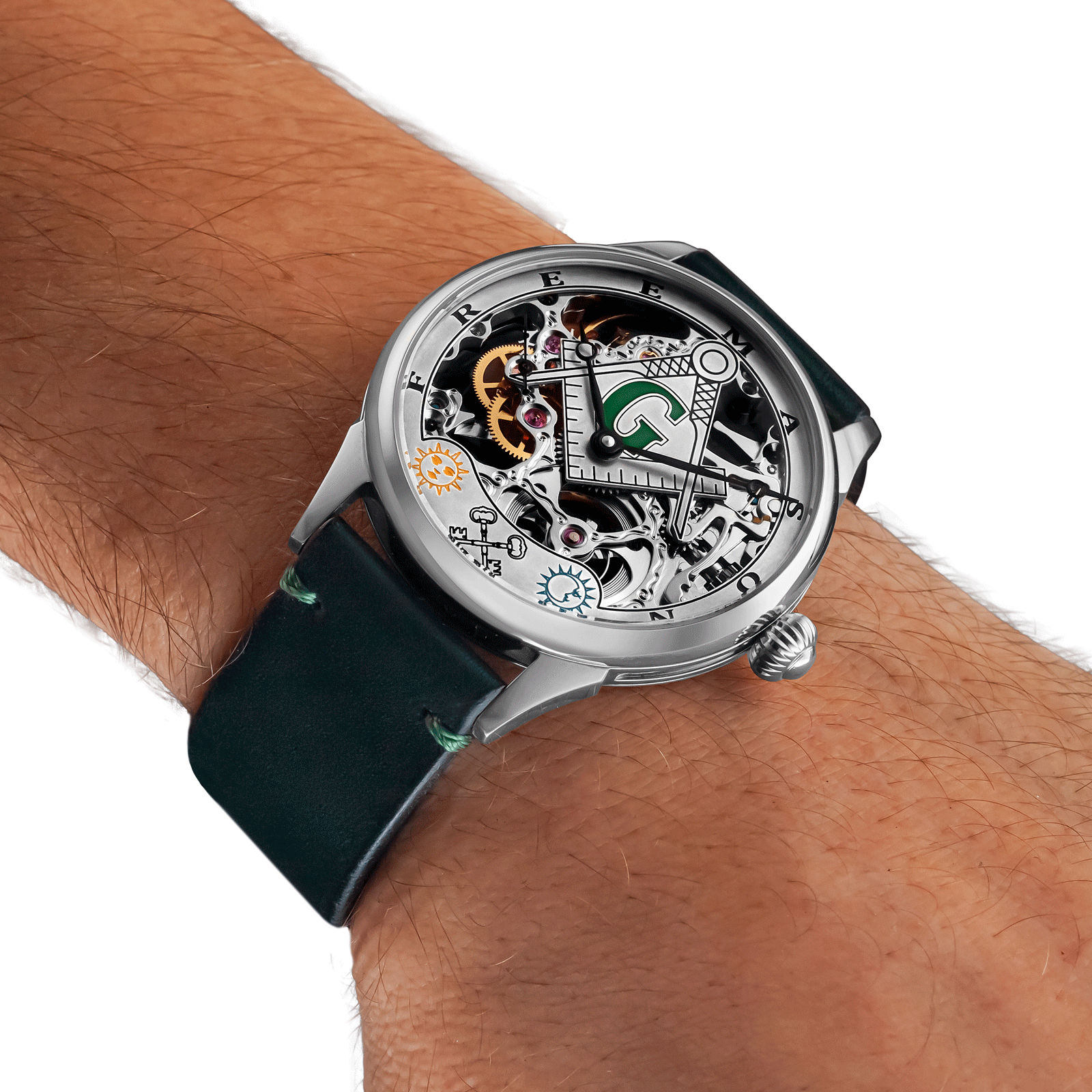 Skeleton freemason watch worn on wrist