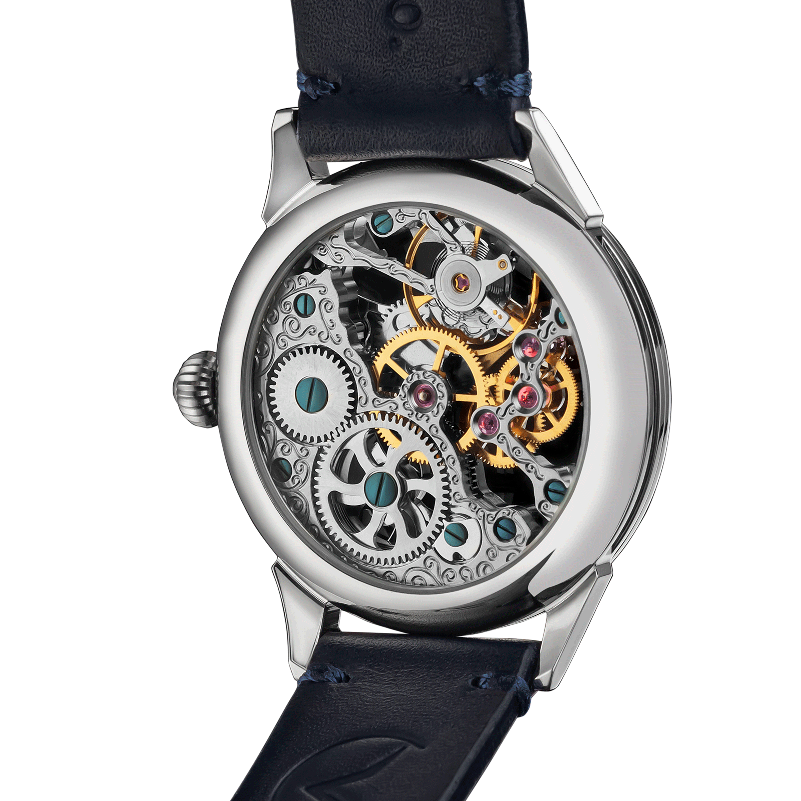 Back view of Mechanical watch – exposed movement and caseback design