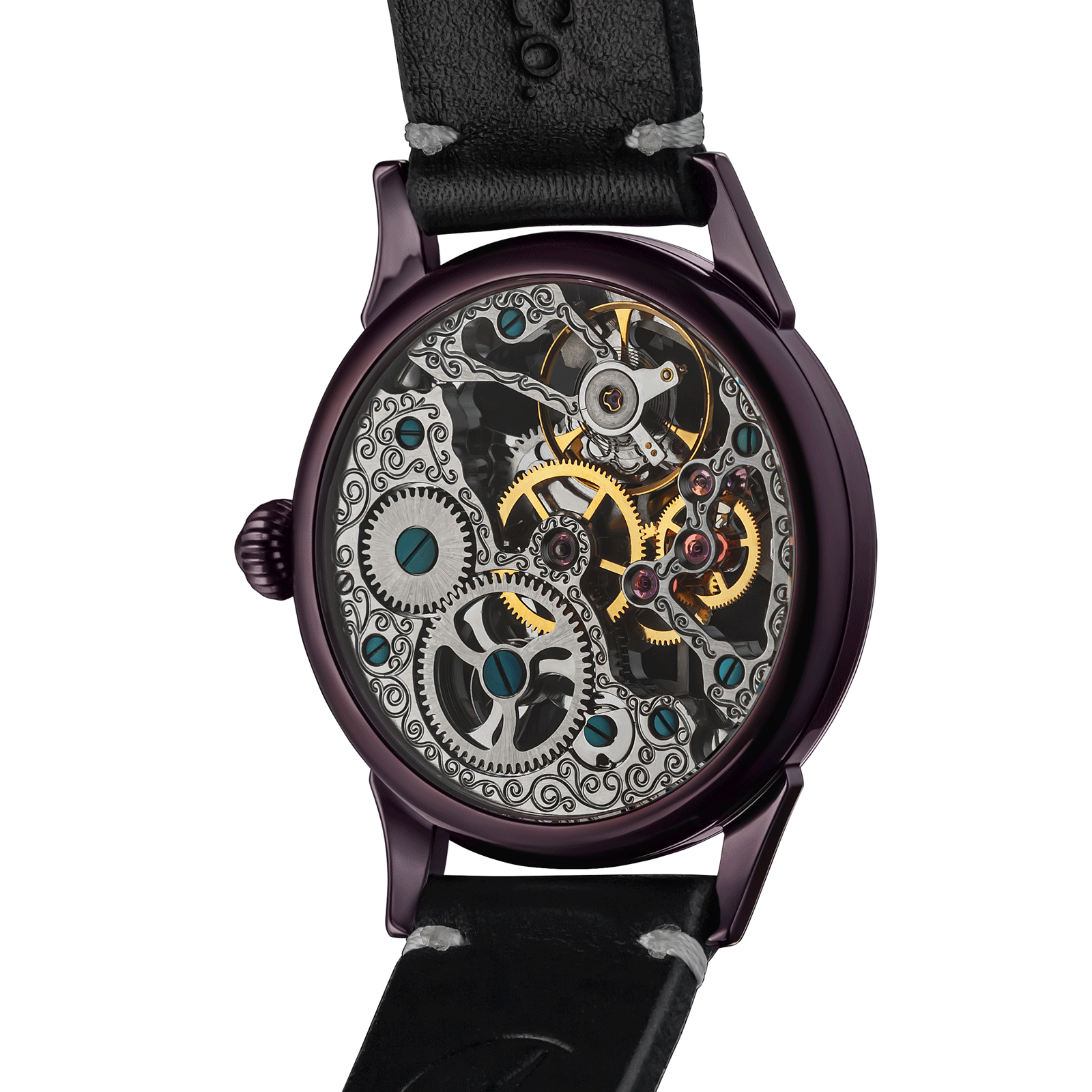 Back view of Mens Skeleton Handmade watch – exposed movement