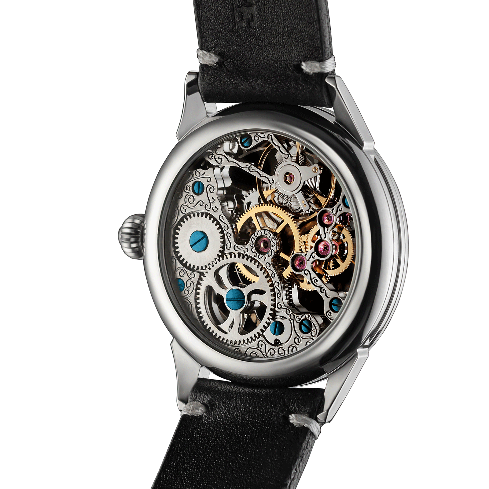 Back view of Poker watch – exposed movement and caseback design