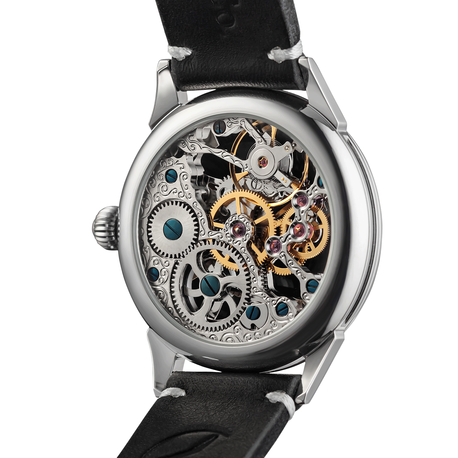 Back view of Mechanical watch – exposed movement and caseback design