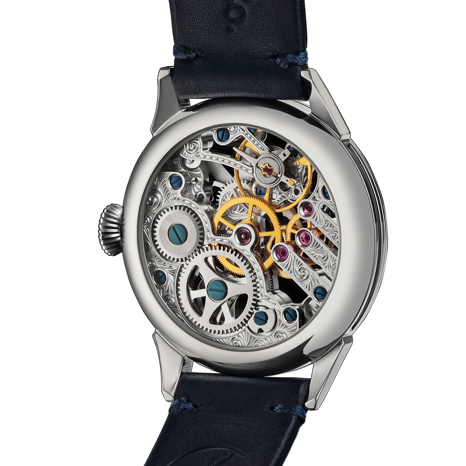 Back view of Skeleton watch – exposed movement and caseback design
