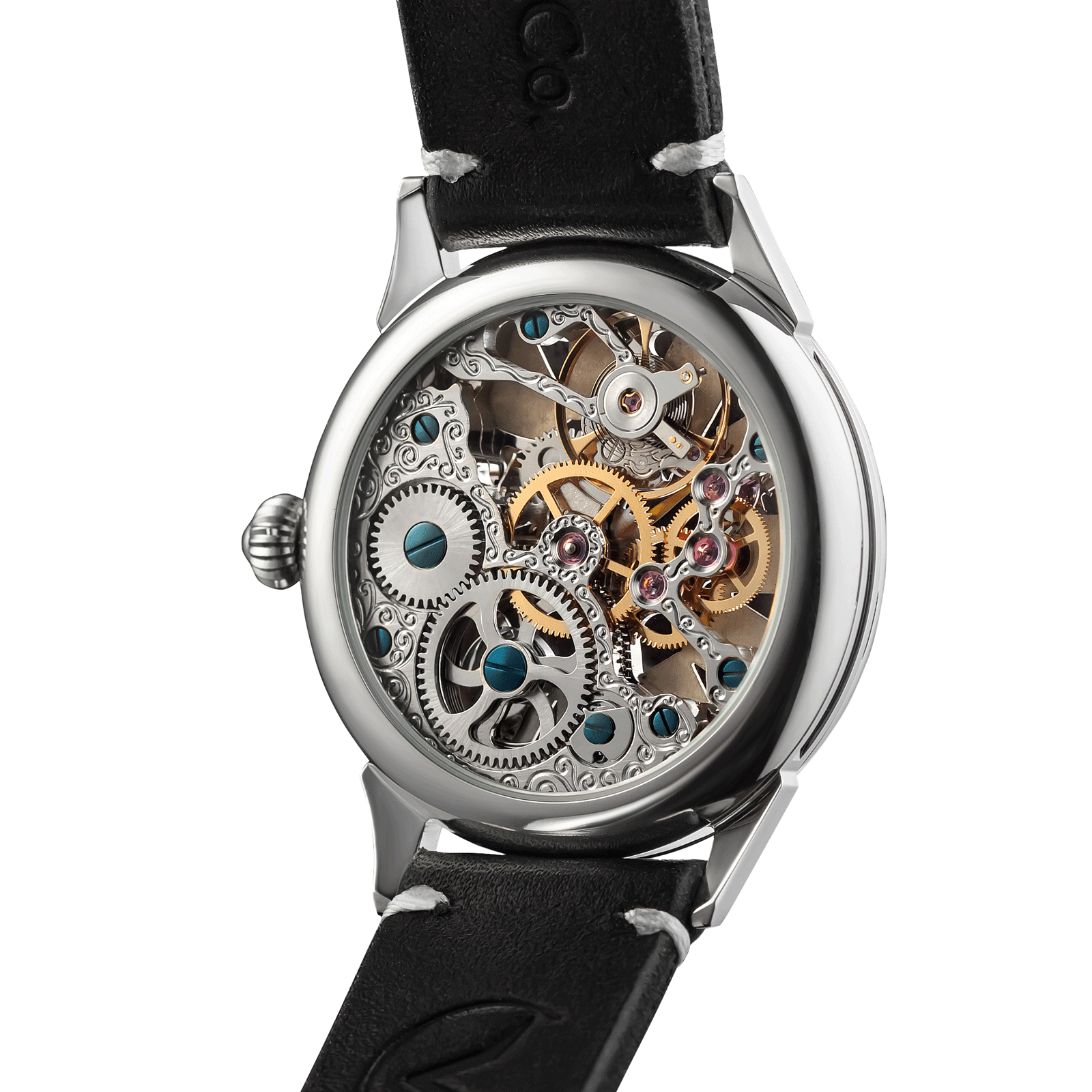 Back view of men’s skeleton mechanical watch – exposed movement and caseback design