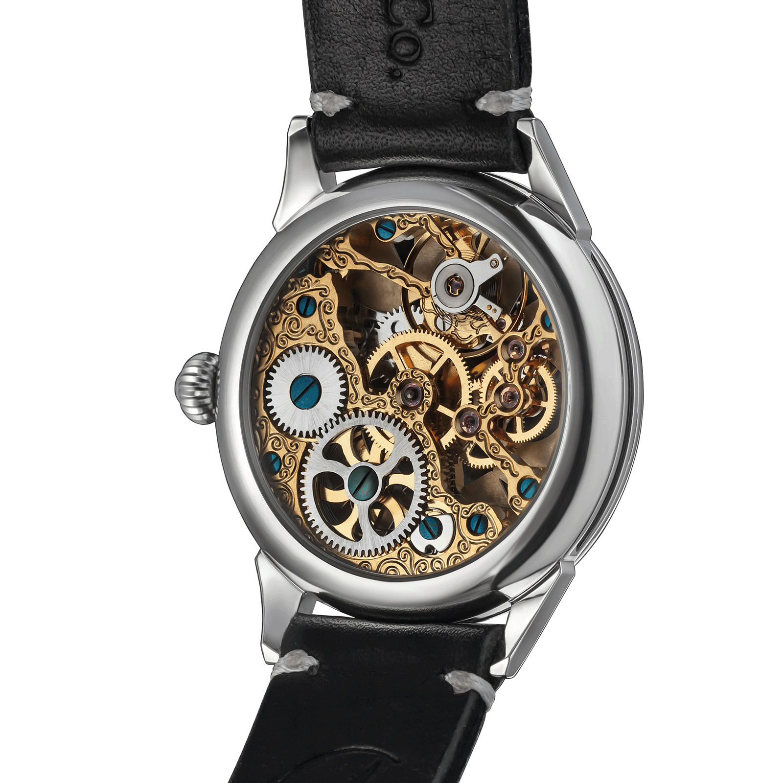 Back view of Skeleton watch – exposed movement and caseback design