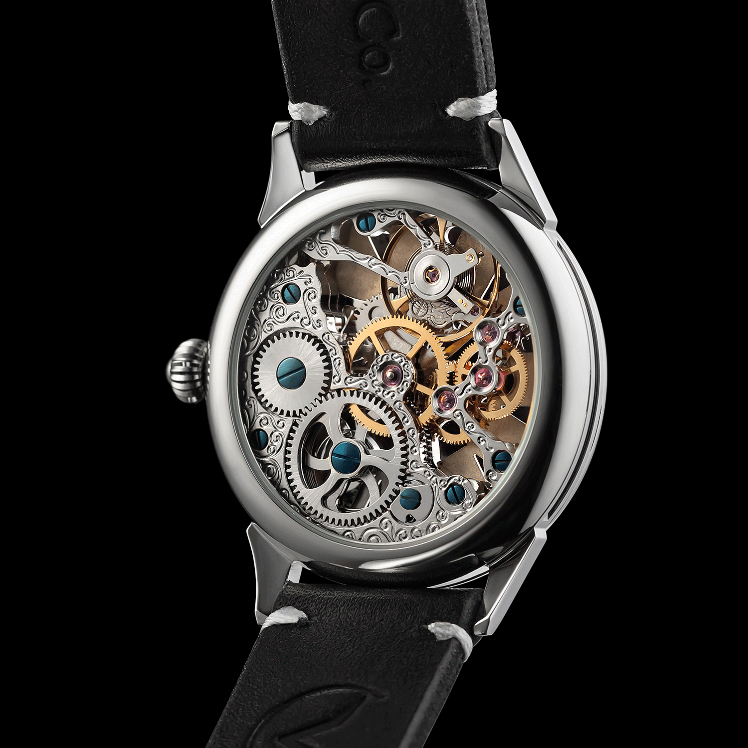 Rear view of skeleton watch showing open caseback and movement