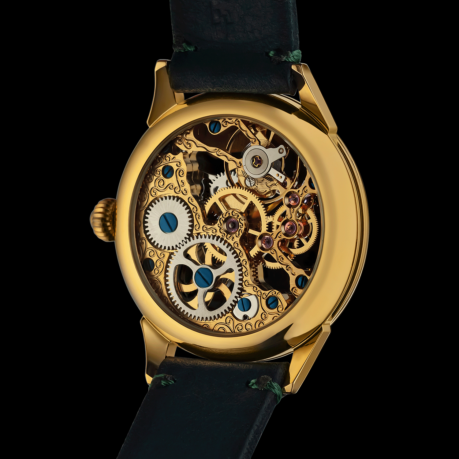 Skeleton mechanical watch with green strap on a black background