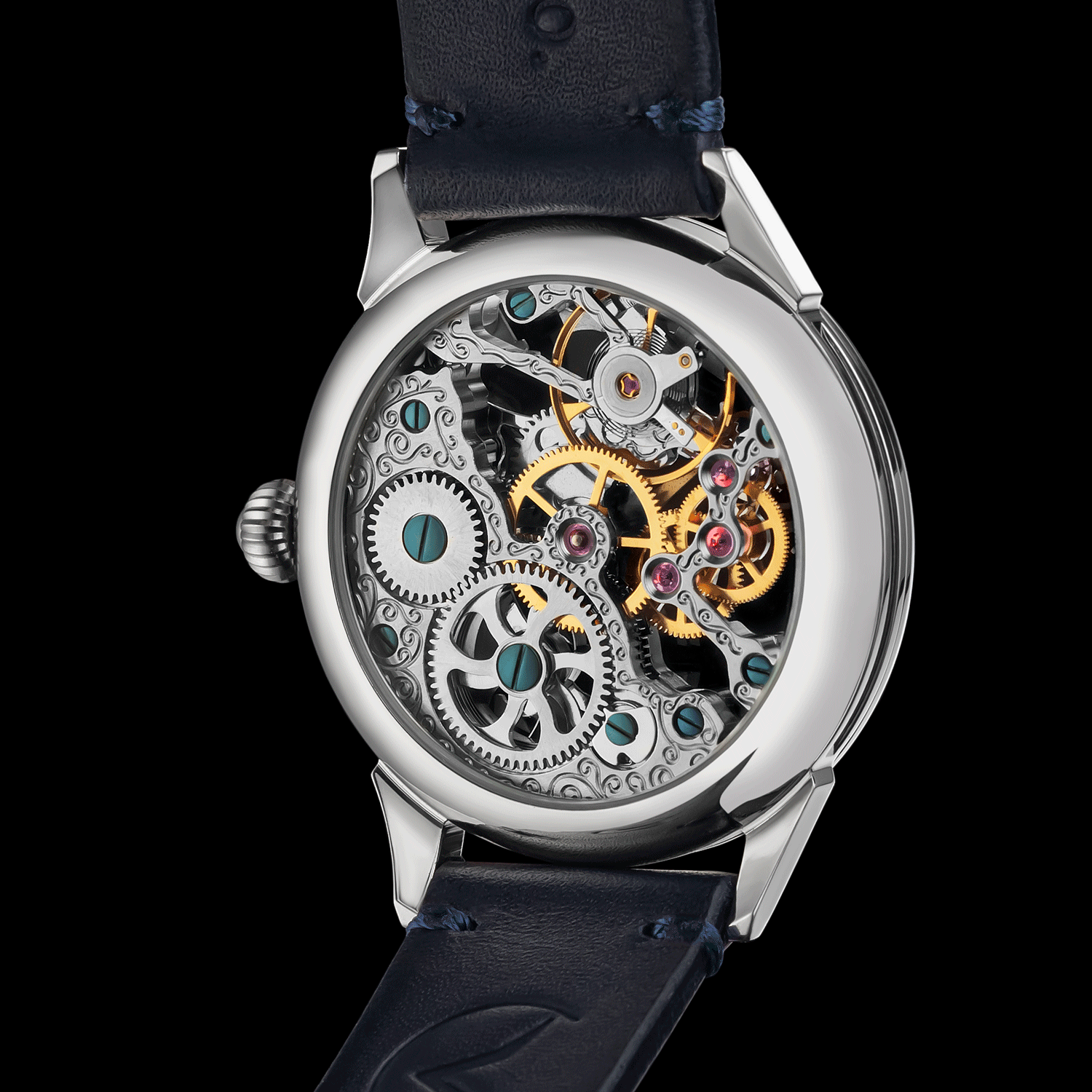 Rear view of steampunk watch showing open caseback and movement