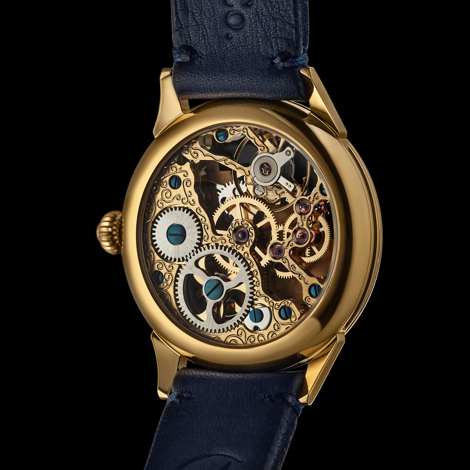 Rear view of handmade watch showing open caseback and movement