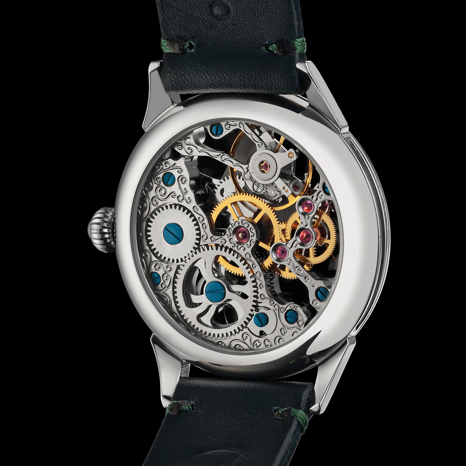 Rear view of freemason watch showing open caseback and movement