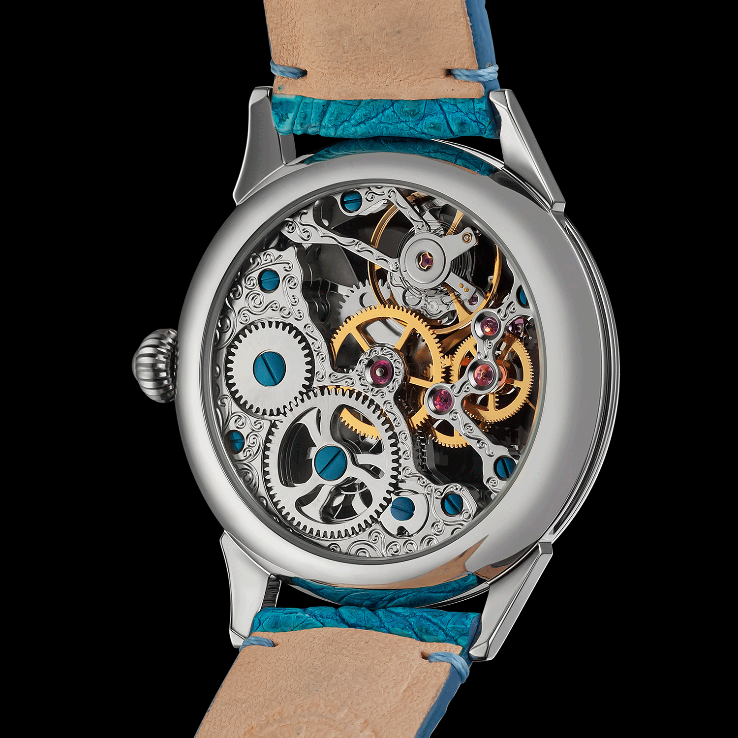 Watch with blue strap and visible mechanical components on a black background