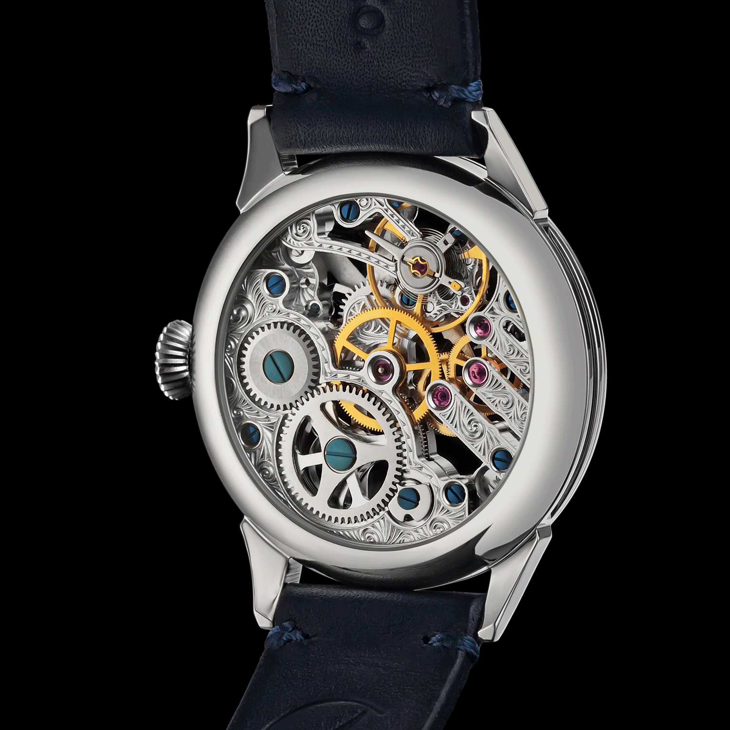 Rear view of freemason watch showing open caseback and movement