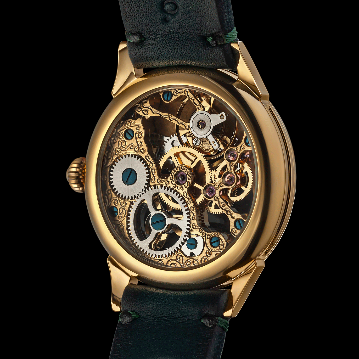 Rear view of skeleton watch showing open caseback and movement