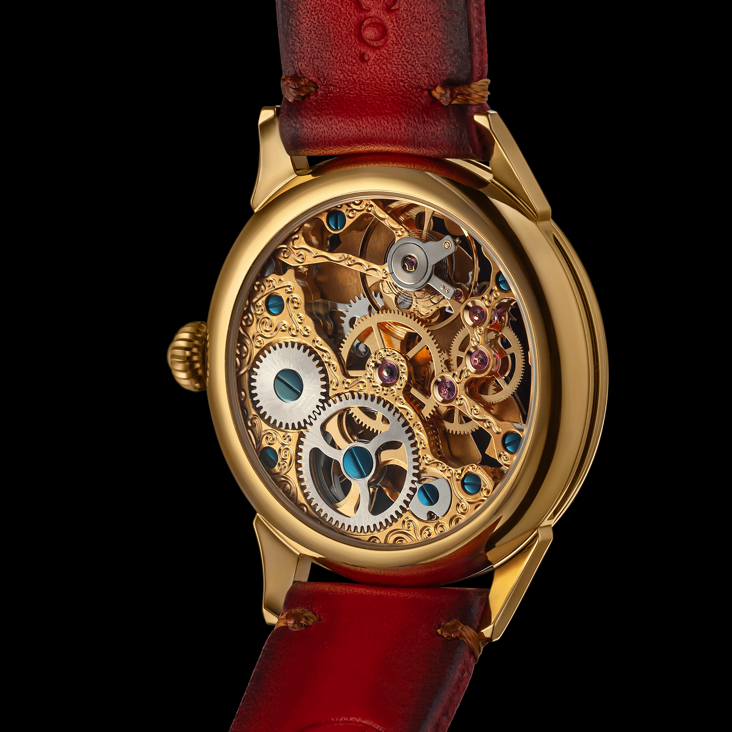 Rear view of skeleton watch showing open caseback and movement