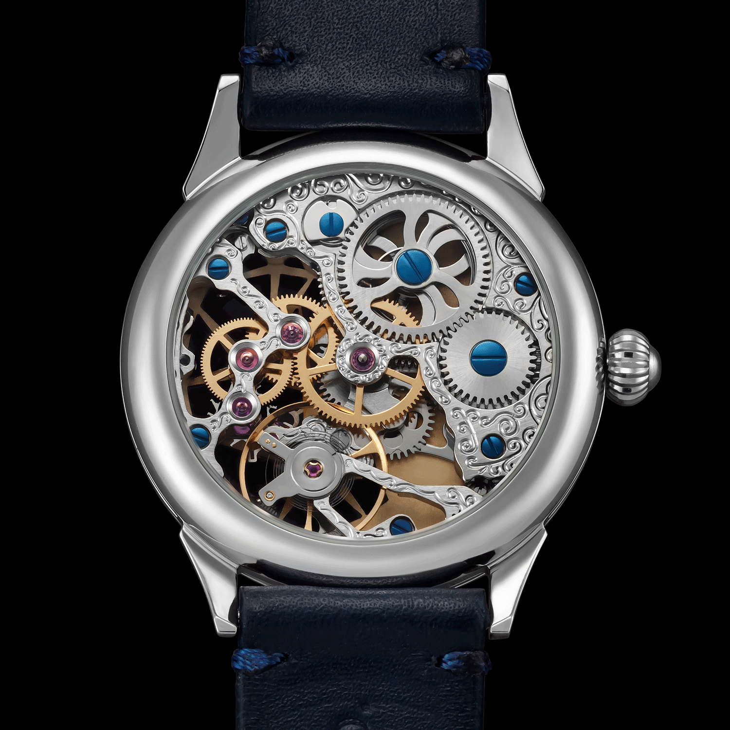Rear view of handmade watch showing open caseback.