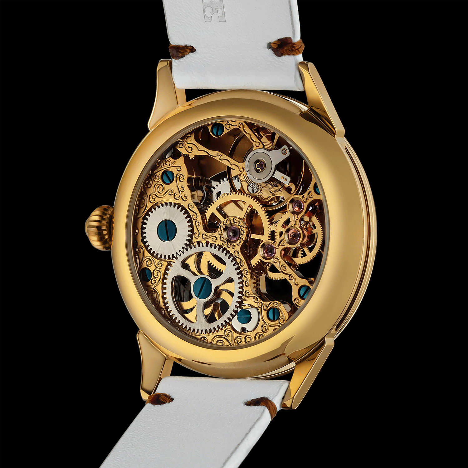 Rear view mechanical skeleton watch showing open caseback and movement