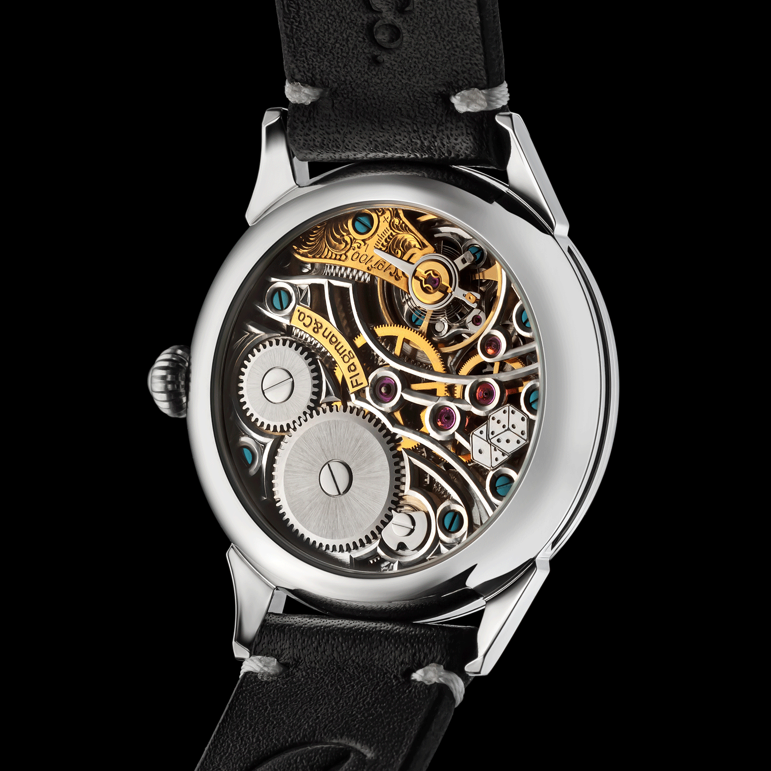 Rear view of skeleton watch showing open caseback and movement