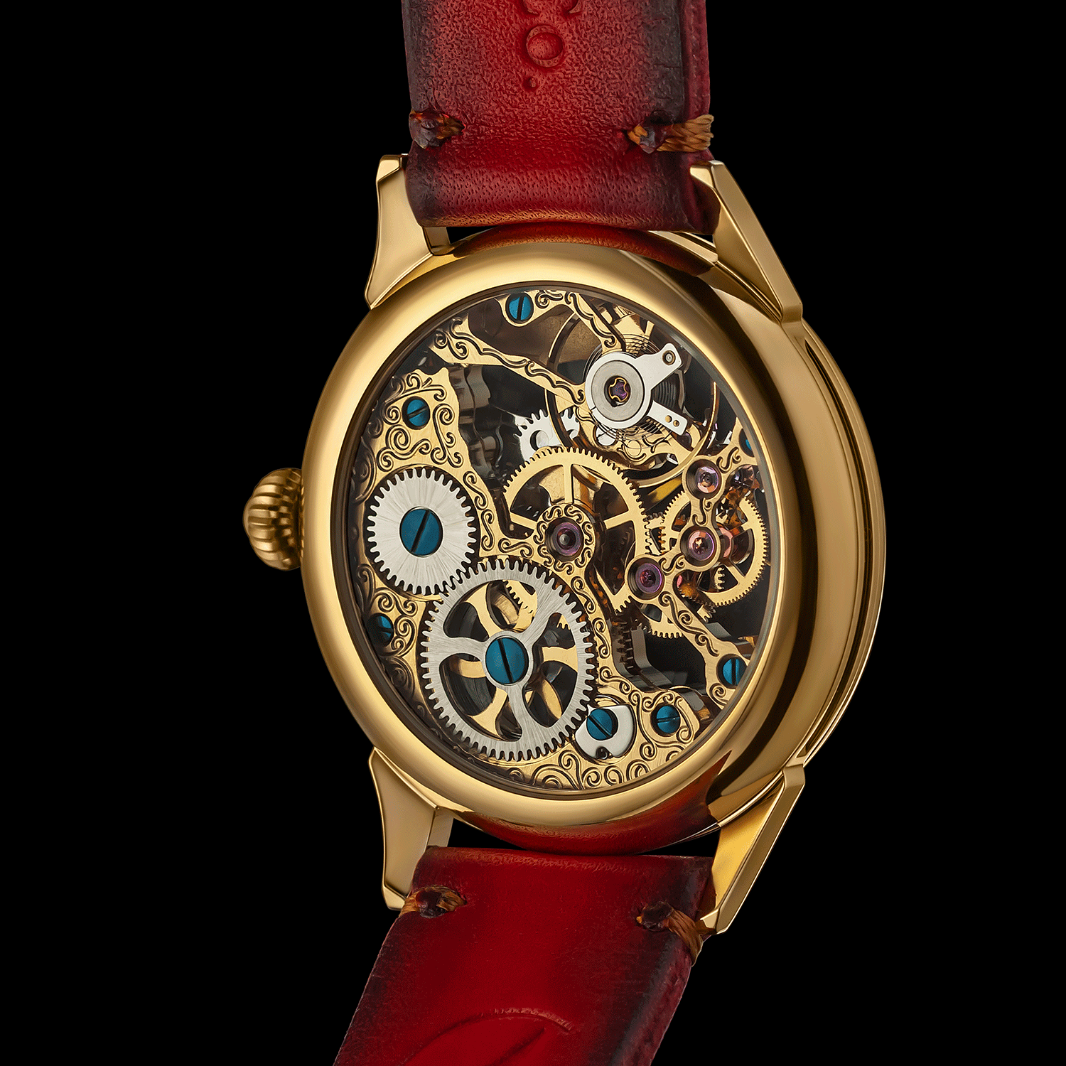 Rear view of skeleton watch showing open caseback and movement