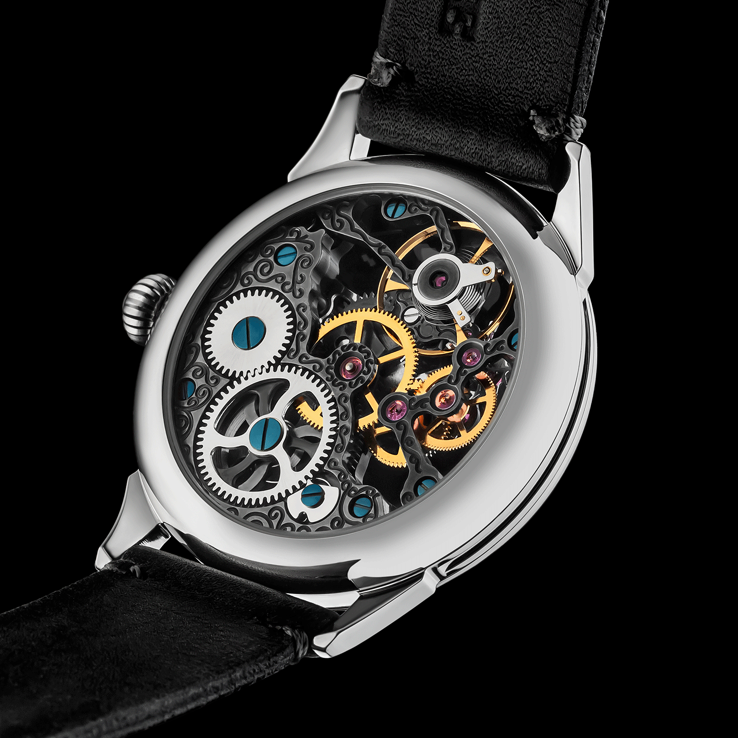 Rear view of steampunk watch showing open caseback and movement